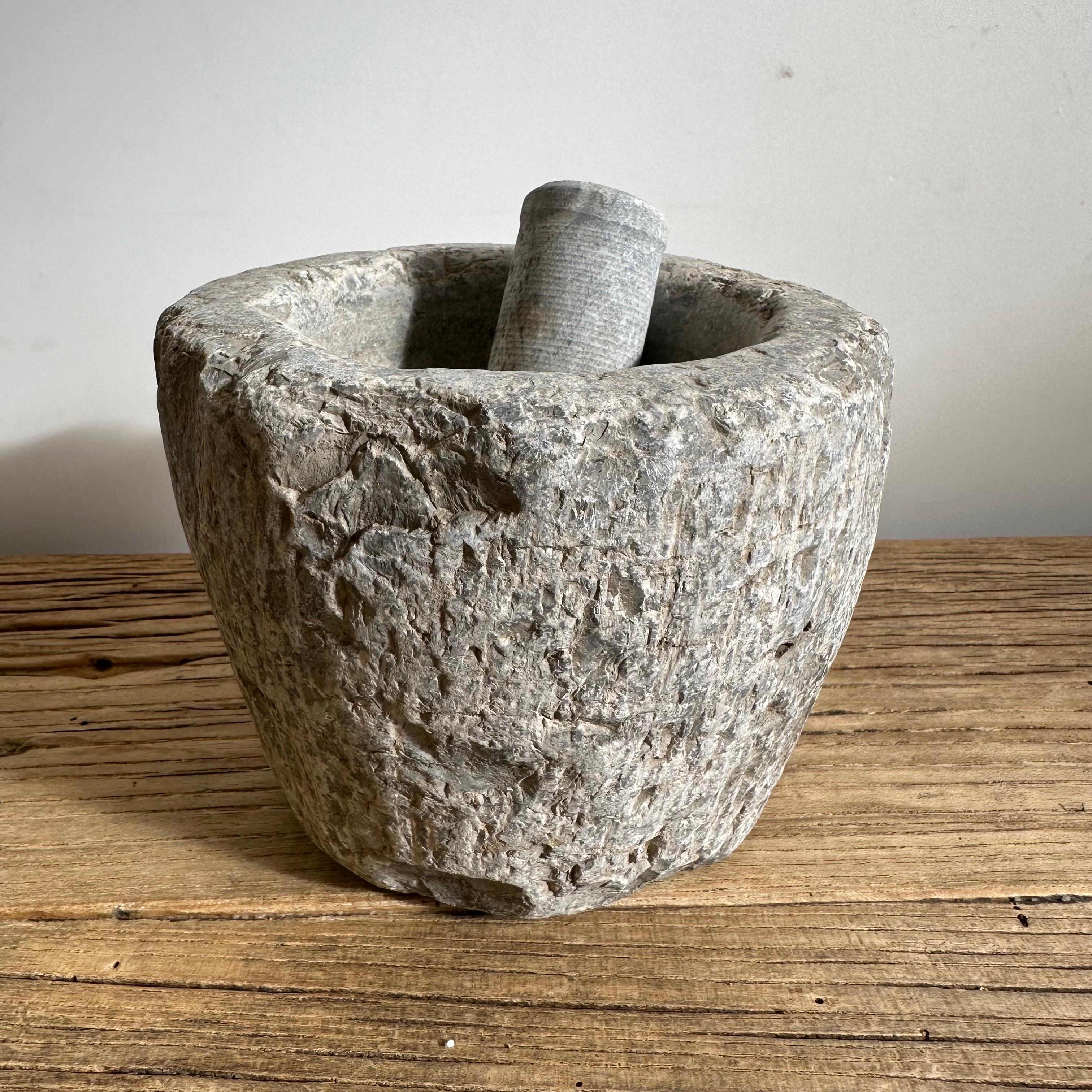 Antique Stone Mortar and Pestle Bowl Set In Good Condition In Brea, CA