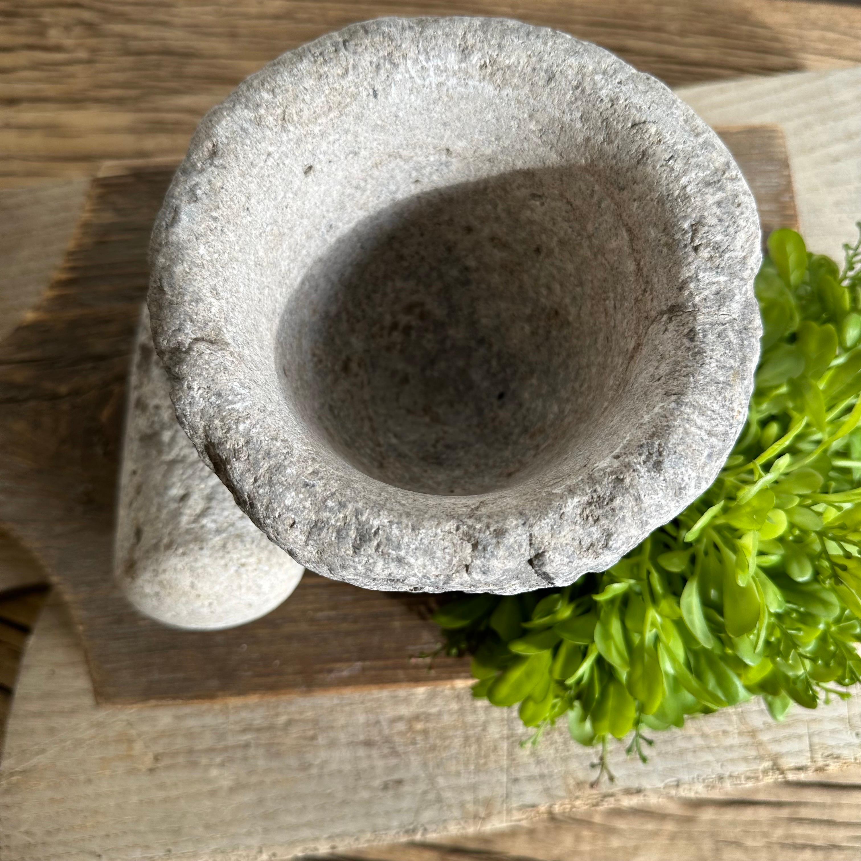 Antique Stone Mortar and Pestle Bowl Set In Good Condition For Sale In Brea, CA