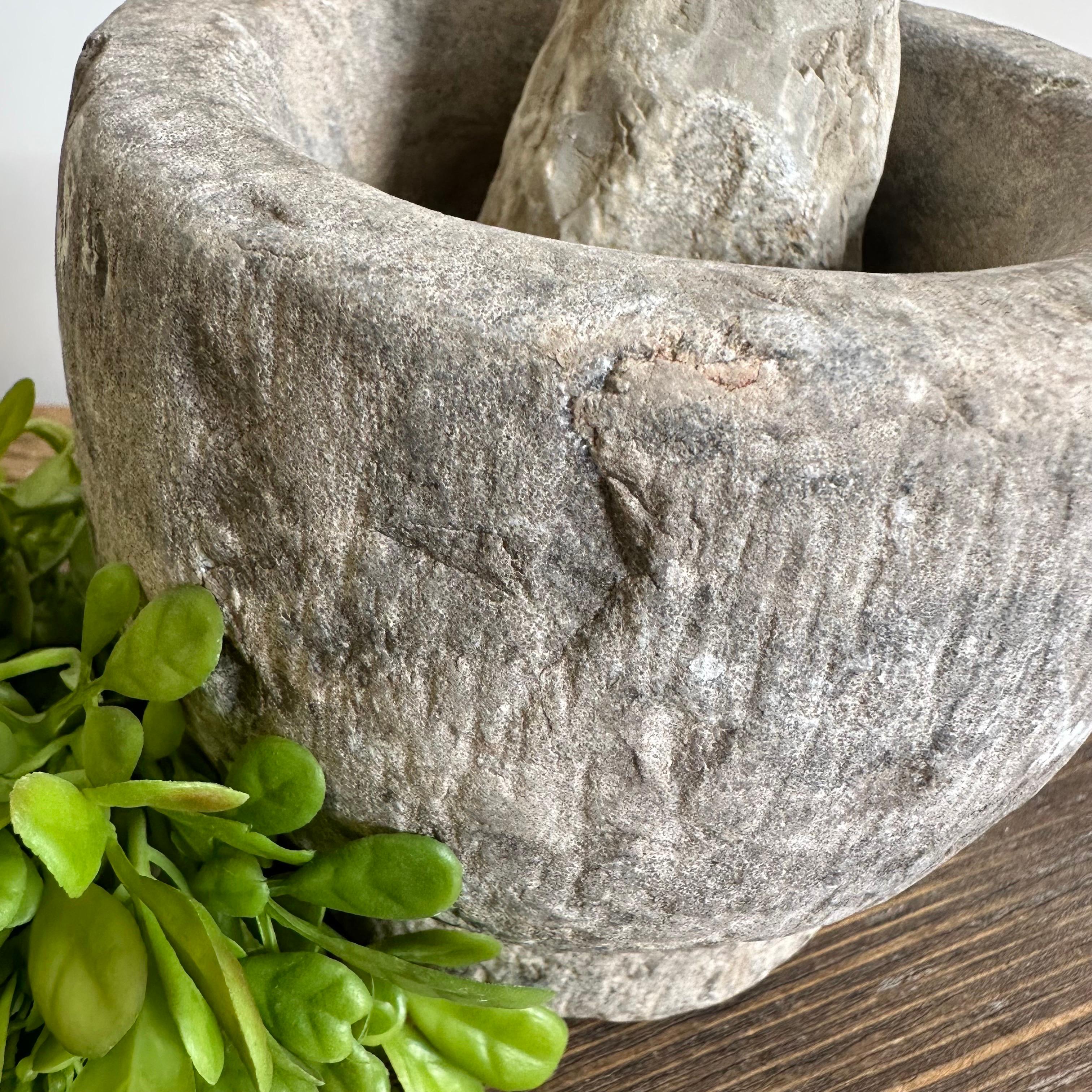 Antique Stone Mortar and Pestle Bowl Set In Good Condition In Brea, CA