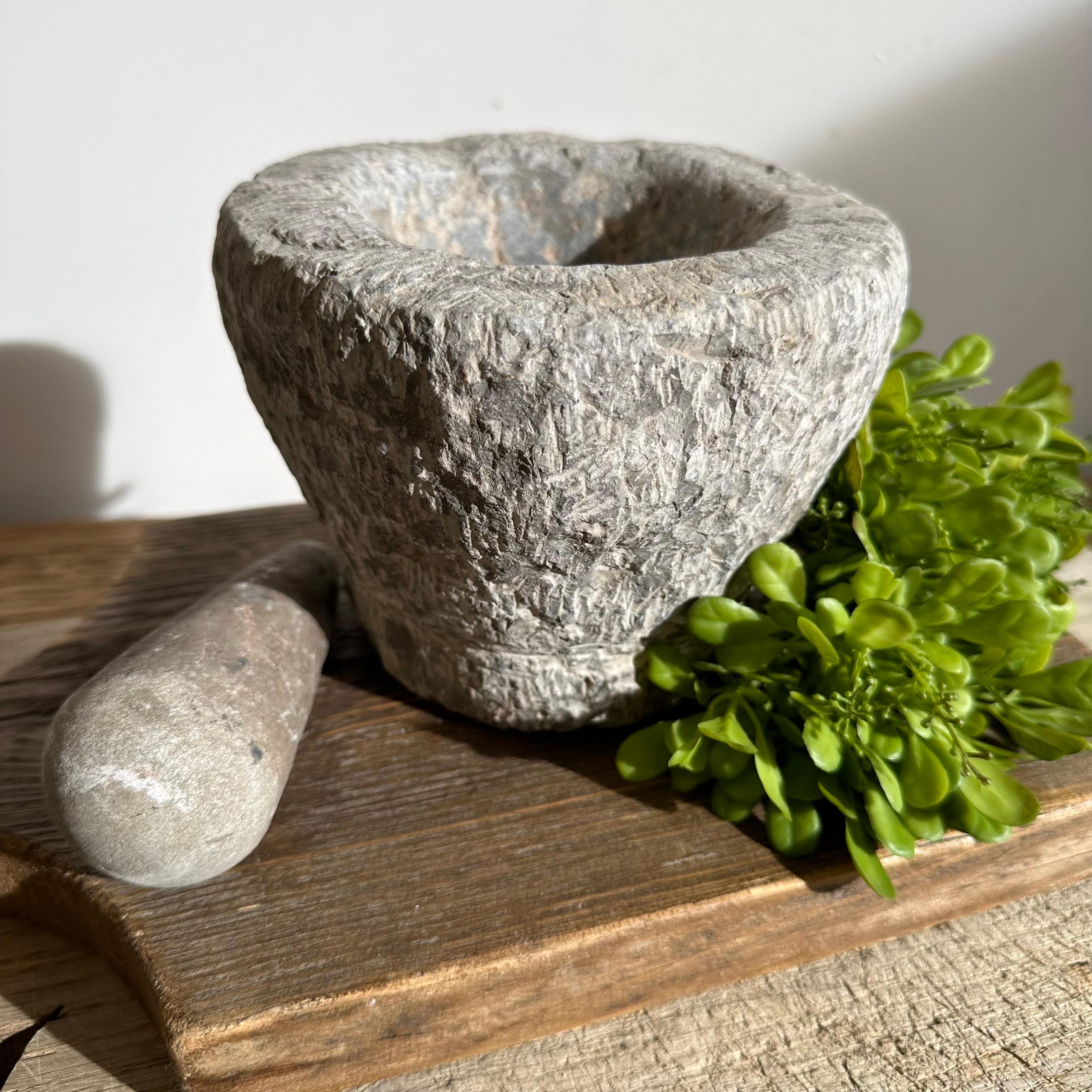 20th Century Antique Stone Mortar and Pestle Bowl Set For Sale