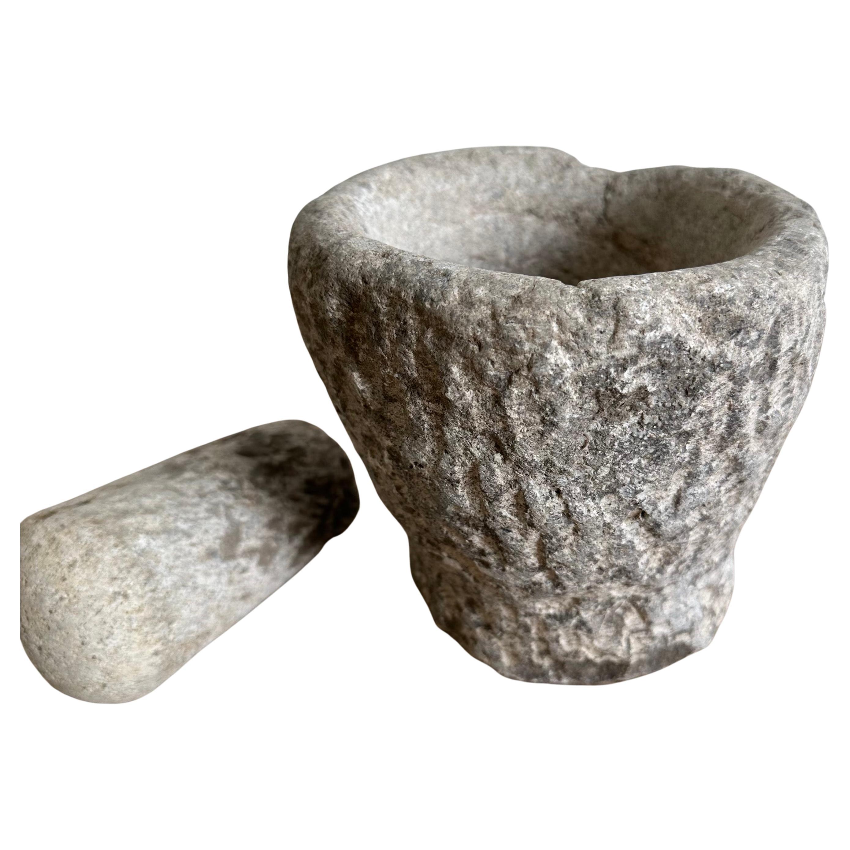 Antique Stone Mortar and Pestle Bowl Set For Sale