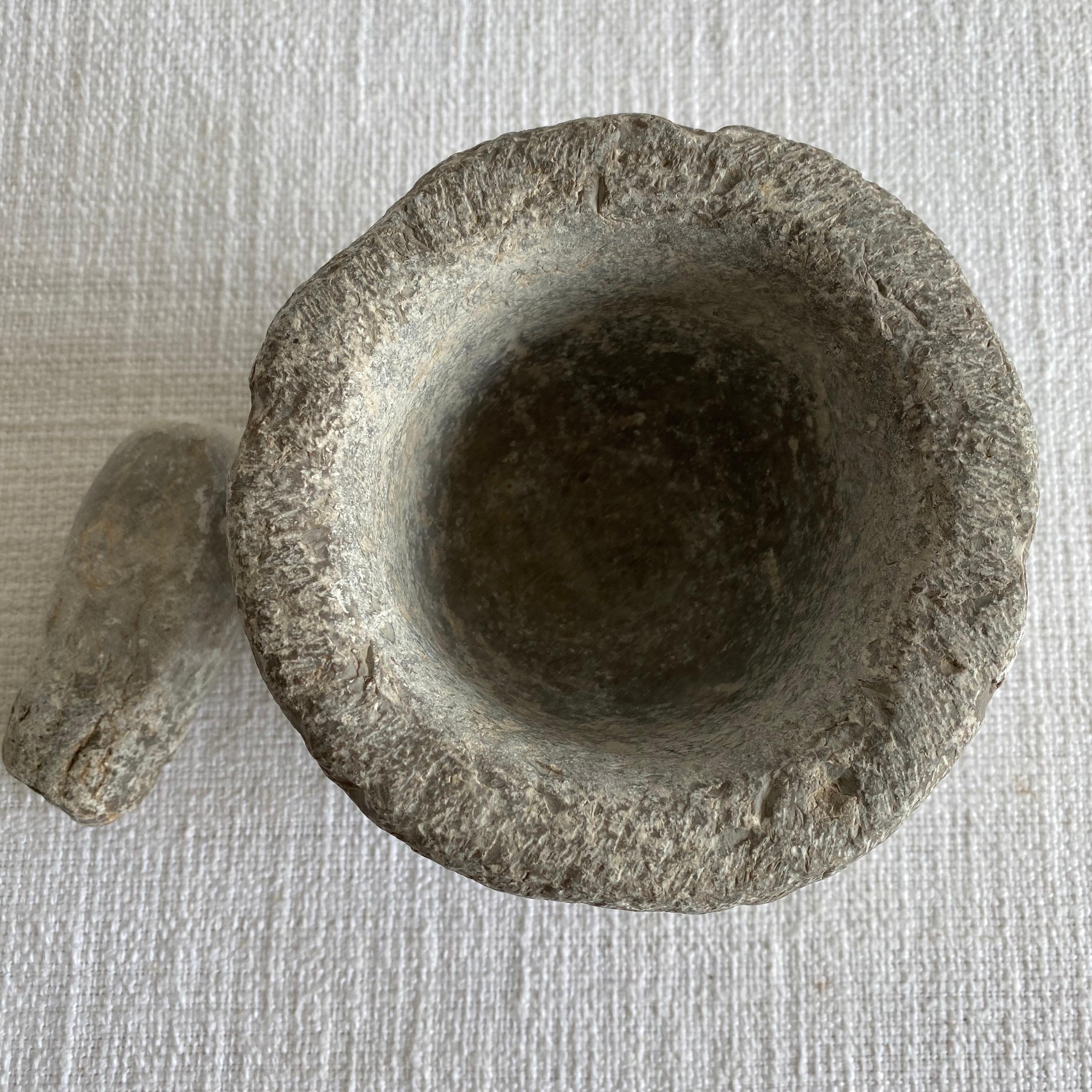 Antique stone mortar and pestle set, solid heavy stone, use as decoration, or for everyday use.
Size: 5.5” D x 5”
Weight: 10lbs.