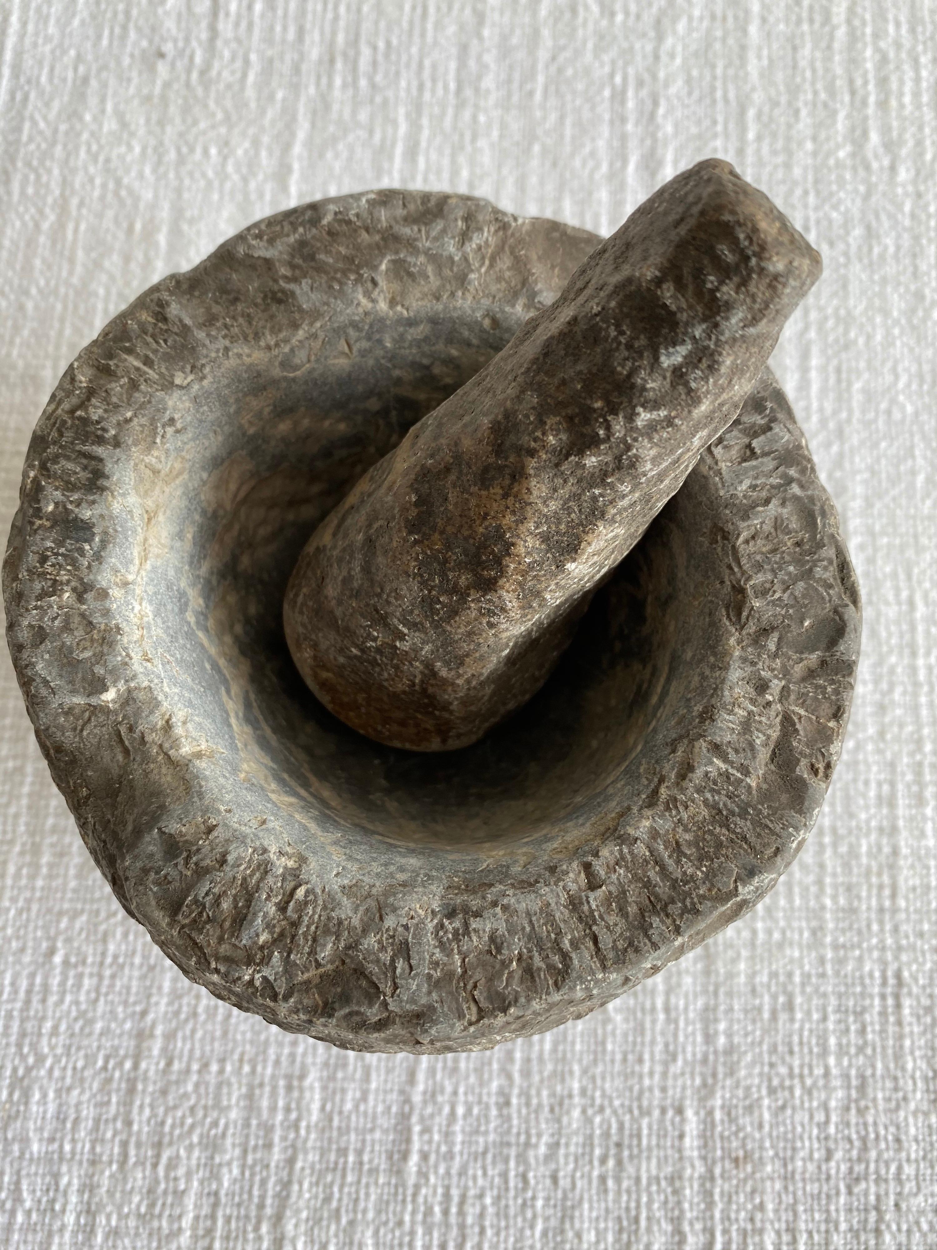 Antique stone mortar and pestle set, solid heavy stone, use as decoration, or for everyday use.
Size: 5.5”D x 5”
Weight: 10lbs.