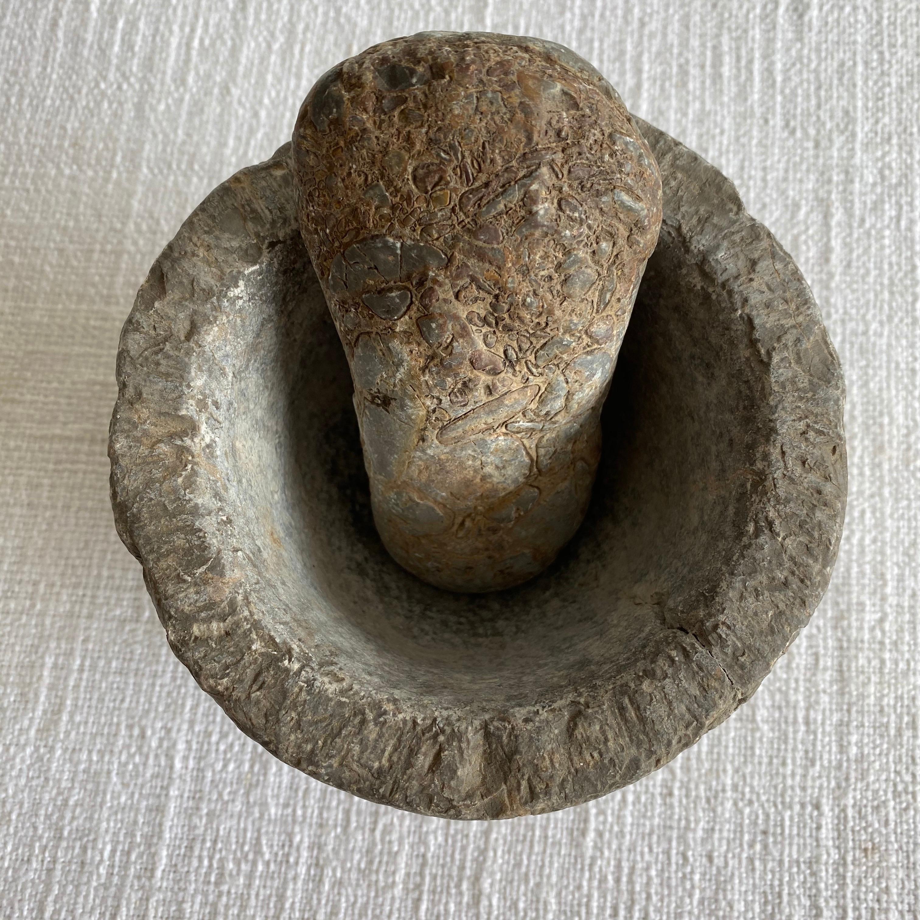 Antique stone mortar and pestle set, solid heavy stone, use as decoration, or for everyday use.
Size: 6” D x 4.5”
Weight: 10lbs.