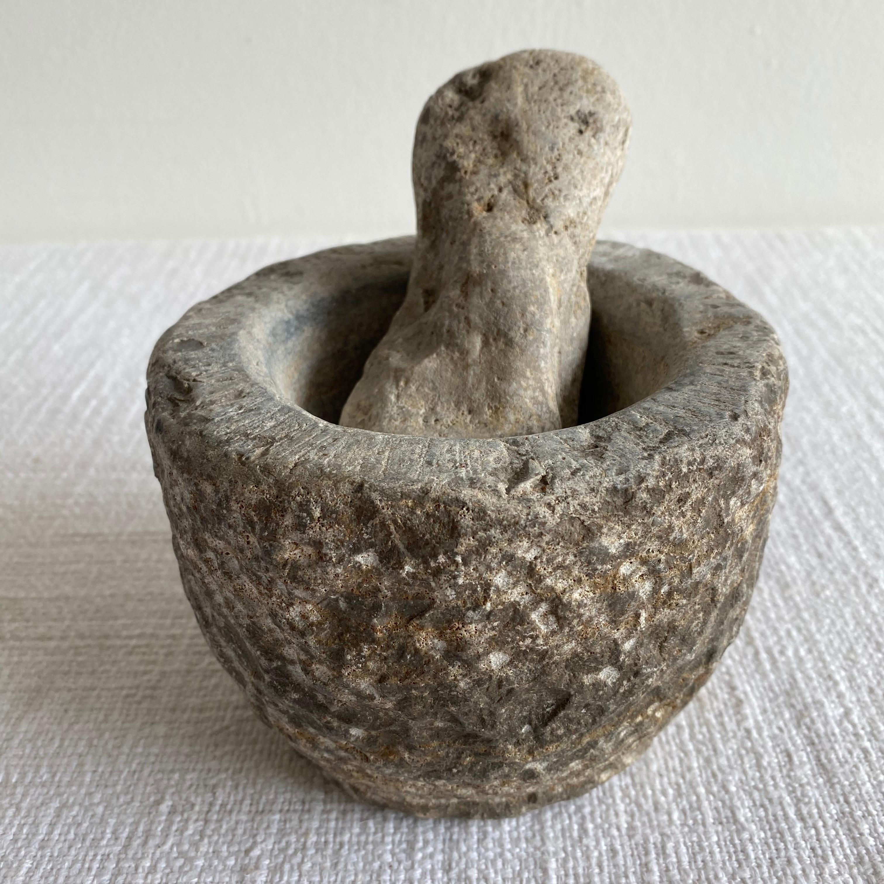 Antique stone mortar and pestle set, solid heavy stone, use as decoration, or for everyday use.
Size: 6” D x 4.25”
Weight: 10lbs.