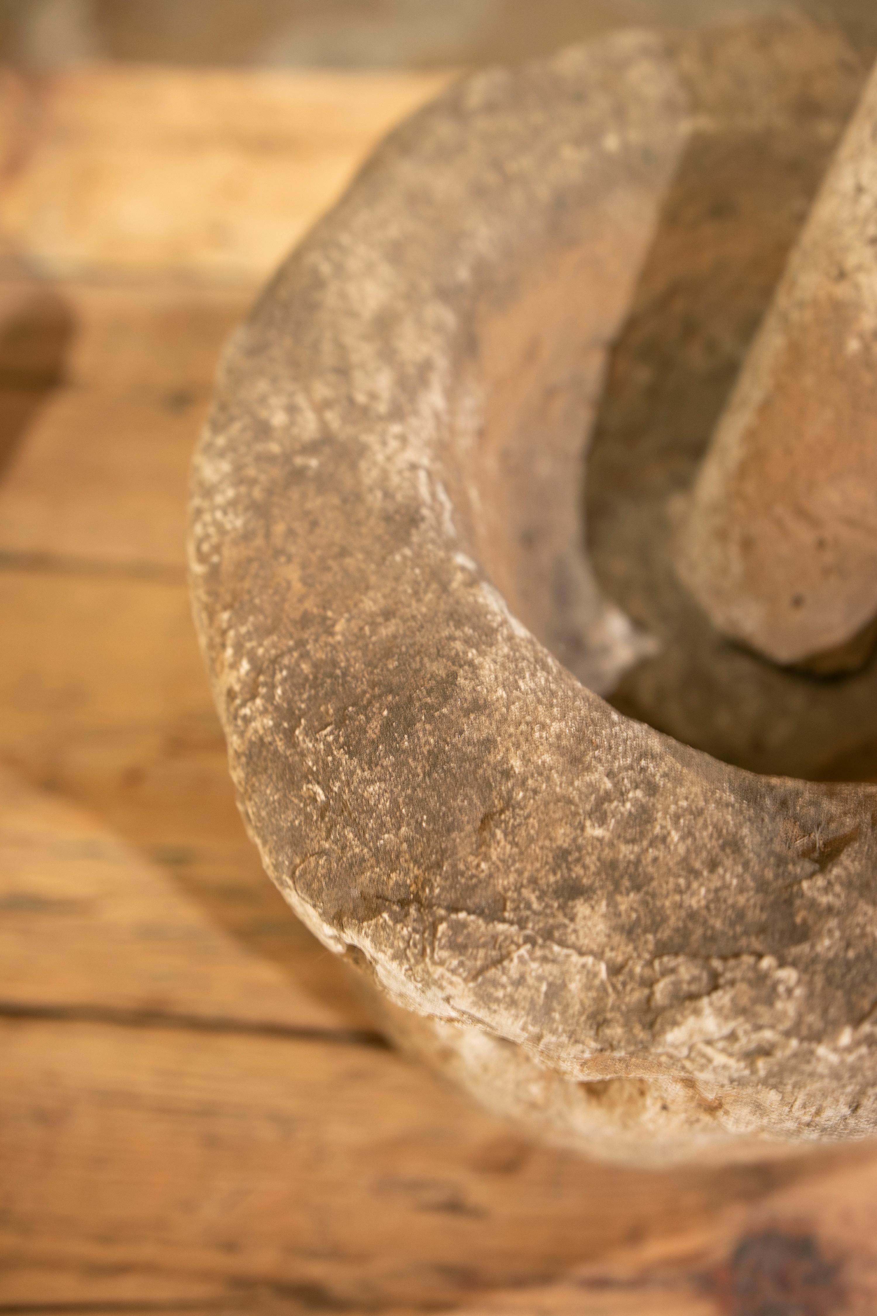 Hand-Carved Antique Stone Mortar with Mallet For Sale