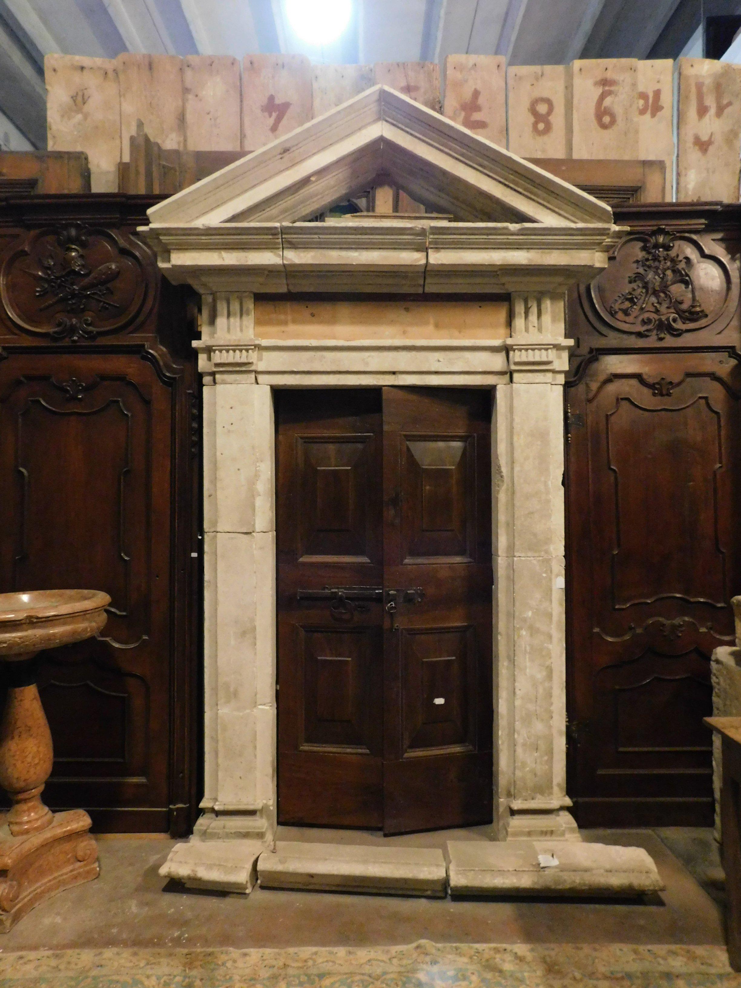 Hand-Carved Antique Stone Portal, Original Tympanum and Threshold, 16th Century, Italy