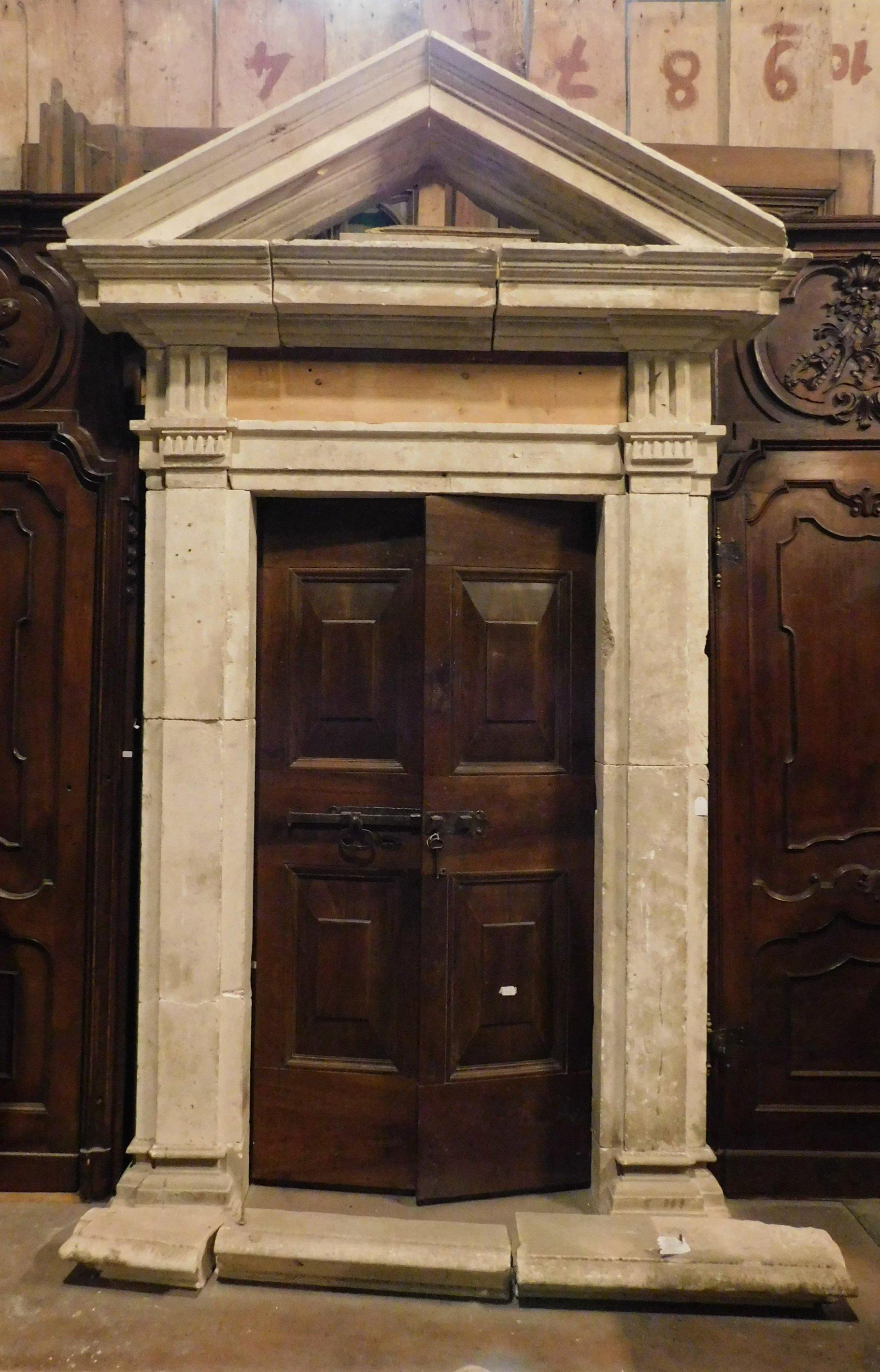 Hand-Carved Antique Stone Portal, Original Tympanum and Threshold, 16th Century, Italy