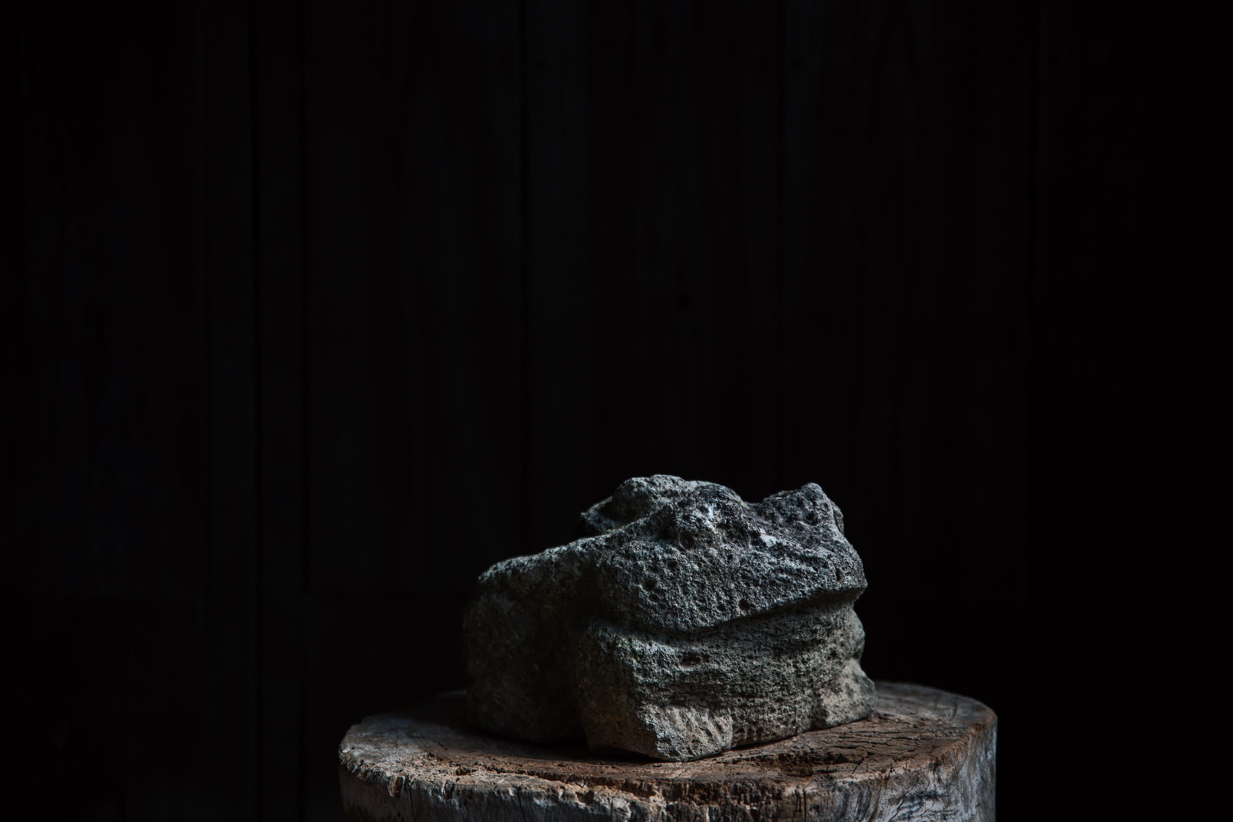 Hand-carved stone sculpture frog - child frog is on the back of parent frog.
Made from Oya stone (Oya Ishi), can only be found in the town of Oya in Tochigi pref., Japan.
Manufactured during early 20th century estimate from the style &