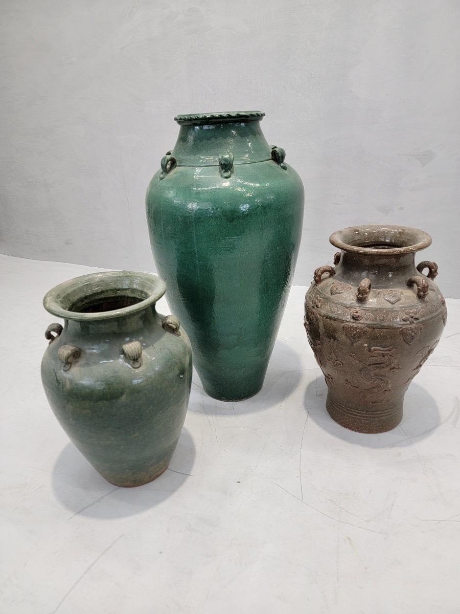 Chinese Antique Stoneware Large Green-Glazed Mataban Jar For Sale