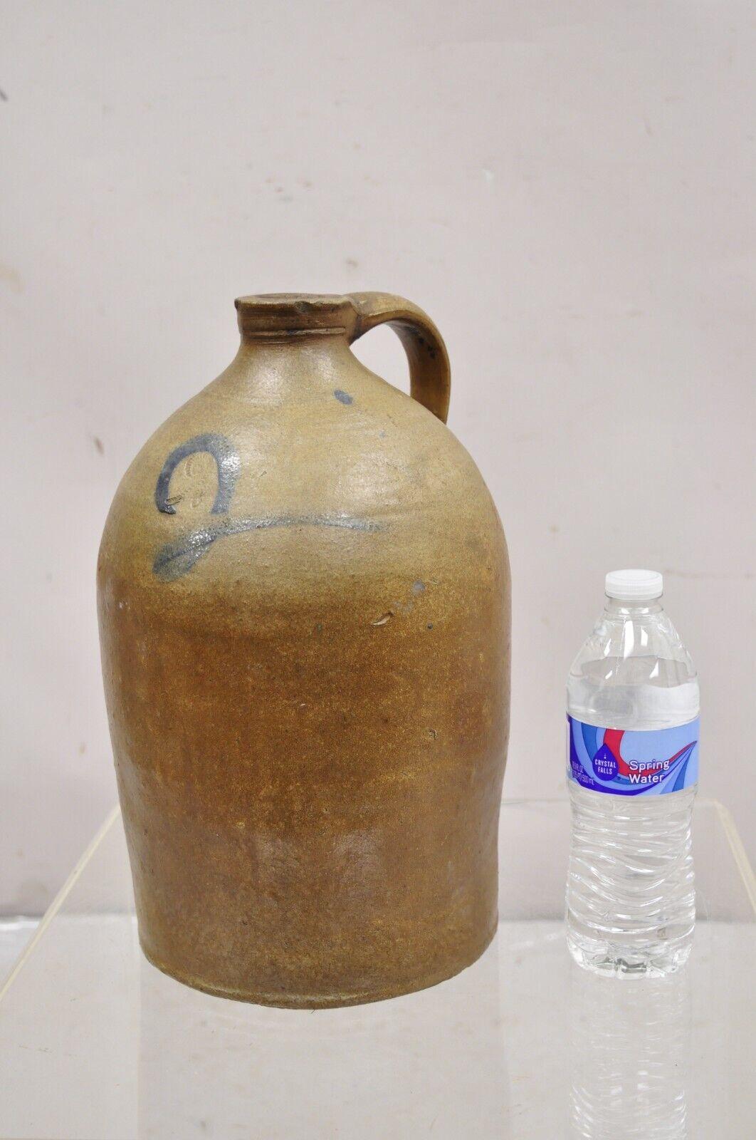 Antique Stoneware Pottery 2 Gallon Water Jug with Blue Paint Decorated 
