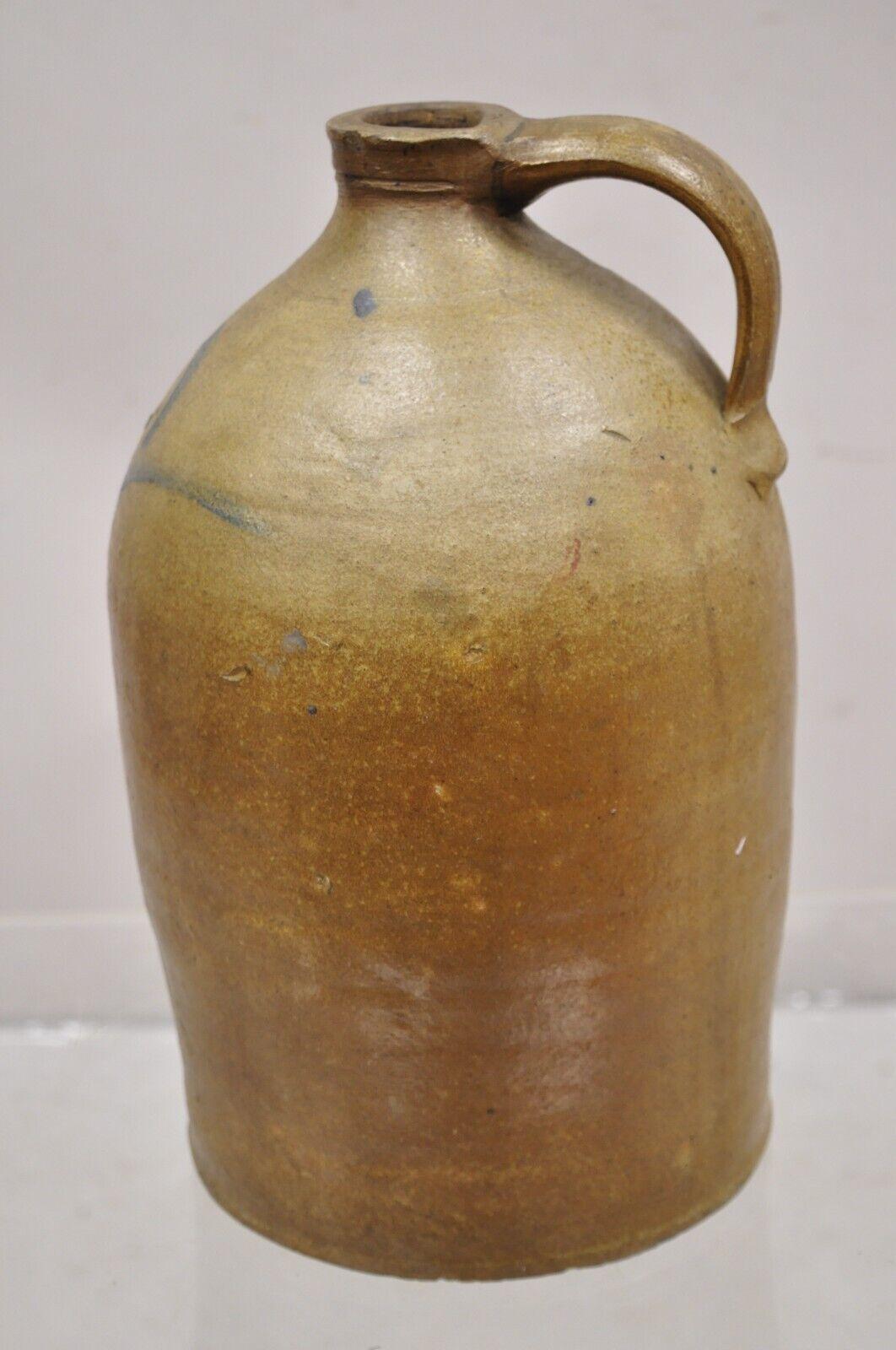 19th Century Antique Stoneware Pottery 2 Gallon Water Jug Pitcher Blue Paint Decorated 
