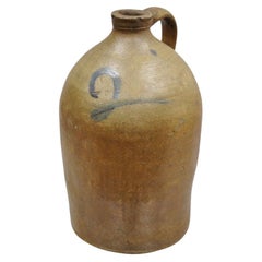 Antica brocca d'acqua in gres da 2 galloni con vernice blu, decorata "2