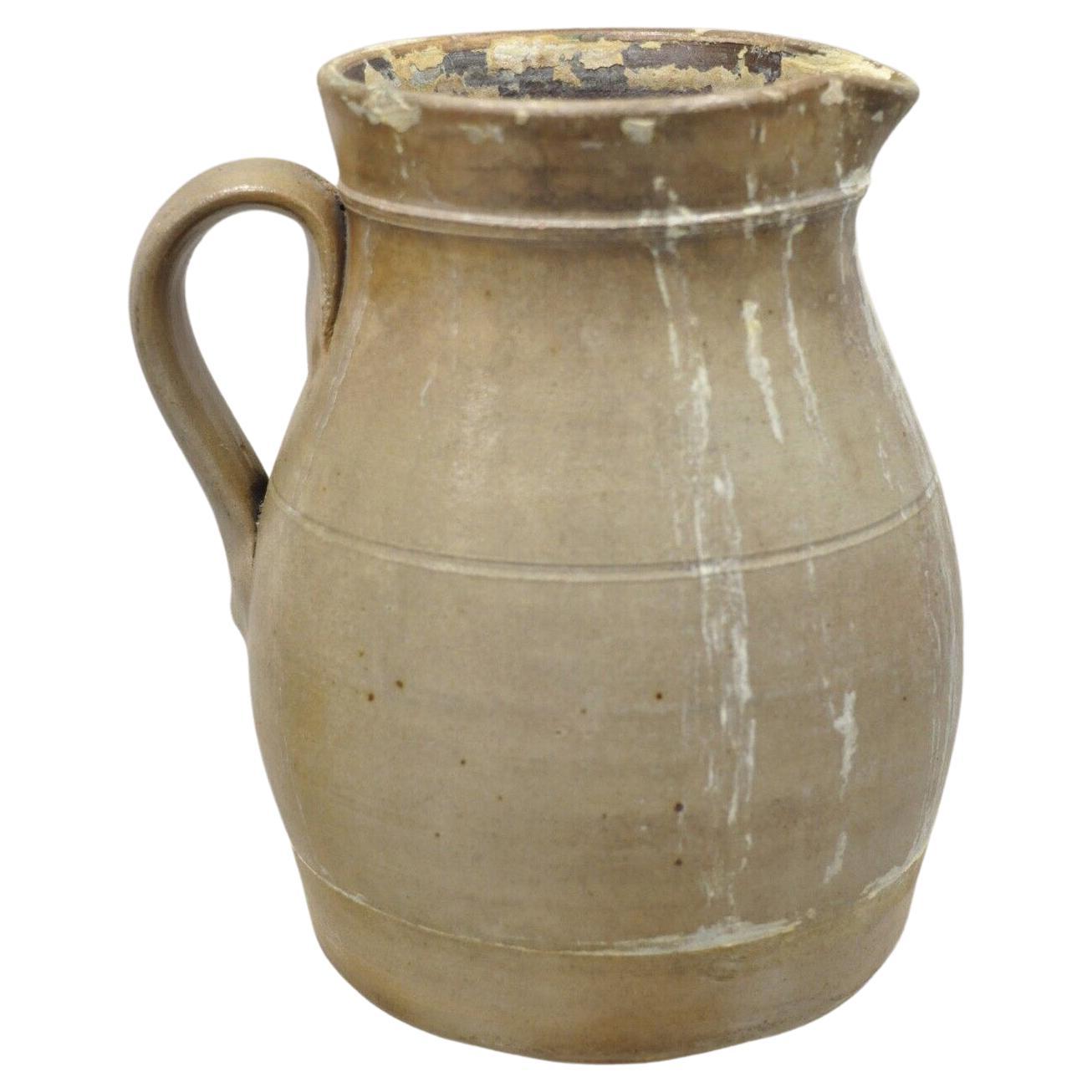 Antique Stoneware Salt Glazed 8" Tall Water Pitcher Bulbous Form For Sale