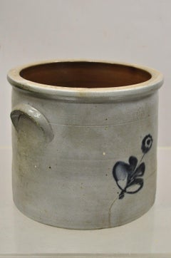 Antique Stoneware Salt Glazed 9" Round Pottery Crock Pot with Blue Flower