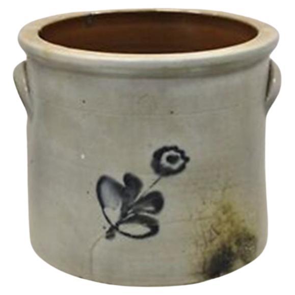 Antique Stoneware Salt Glazed 9" Round Pottery Crock Pot with Blue Flower For Sale
