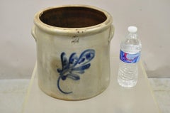 Antique Stoneware Two Gallon Crock with Cobalt Blue Slip Trailed Floral Design