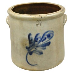 Antique Stoneware Two Gallon Crock with Cobalt Blue Slip Trailed Floral Design