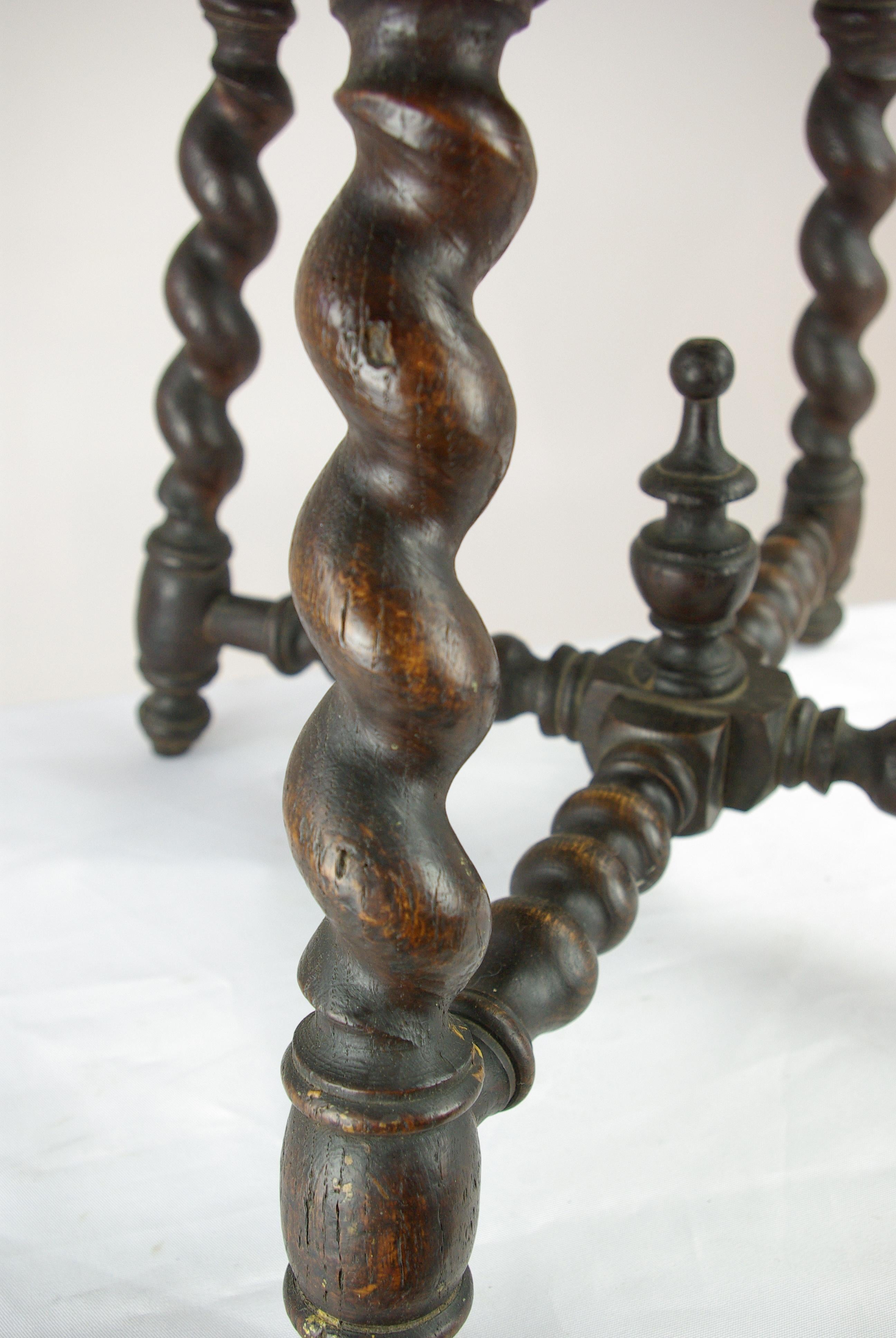 Hand-Carved Antique Stool, Antique Victorian Carved Oak Stool Barley Twist Stool, B1470