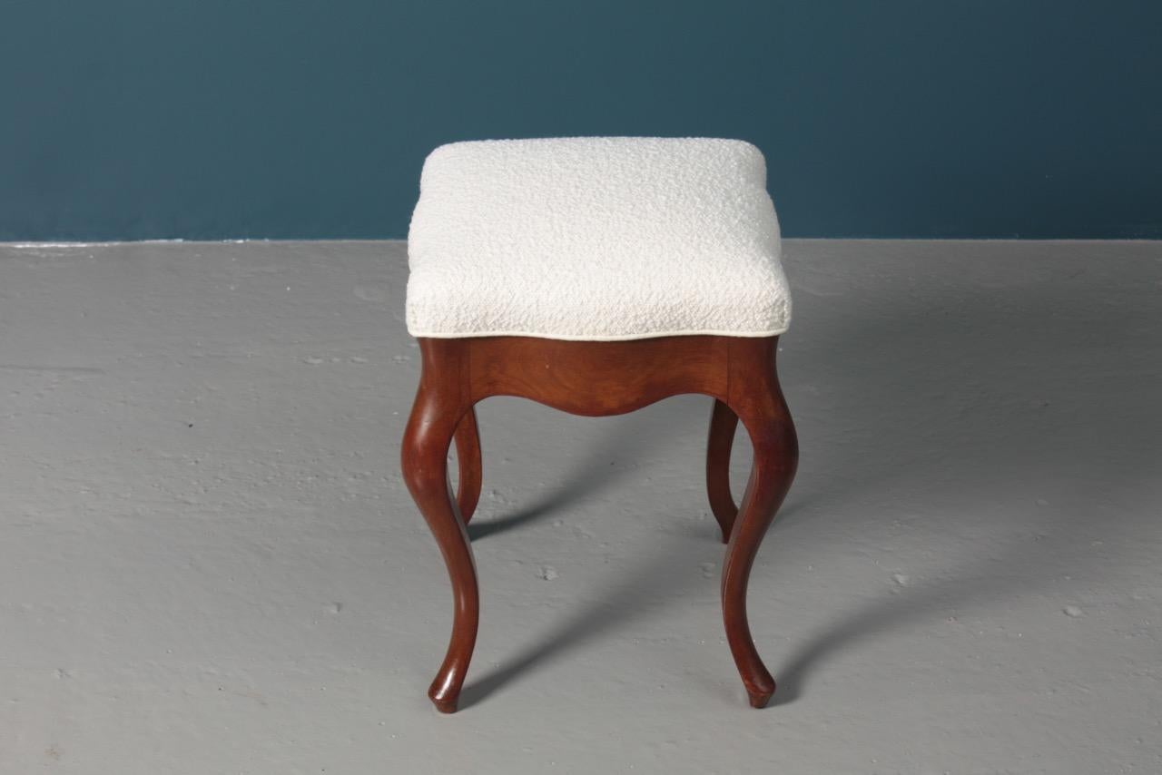 Danish Antique Stool in Mahogany and Boucle, Made in Danmark For Sale