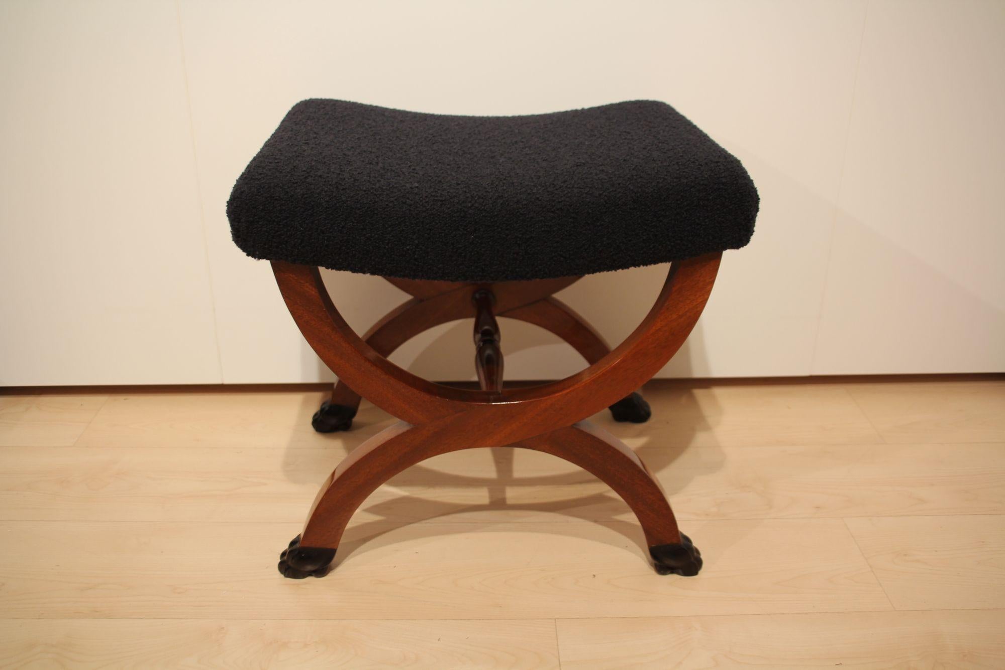 Neoclassical Antique Stool, Paw Feet, Solid Mahogany, Black Boucle, France circa 1860