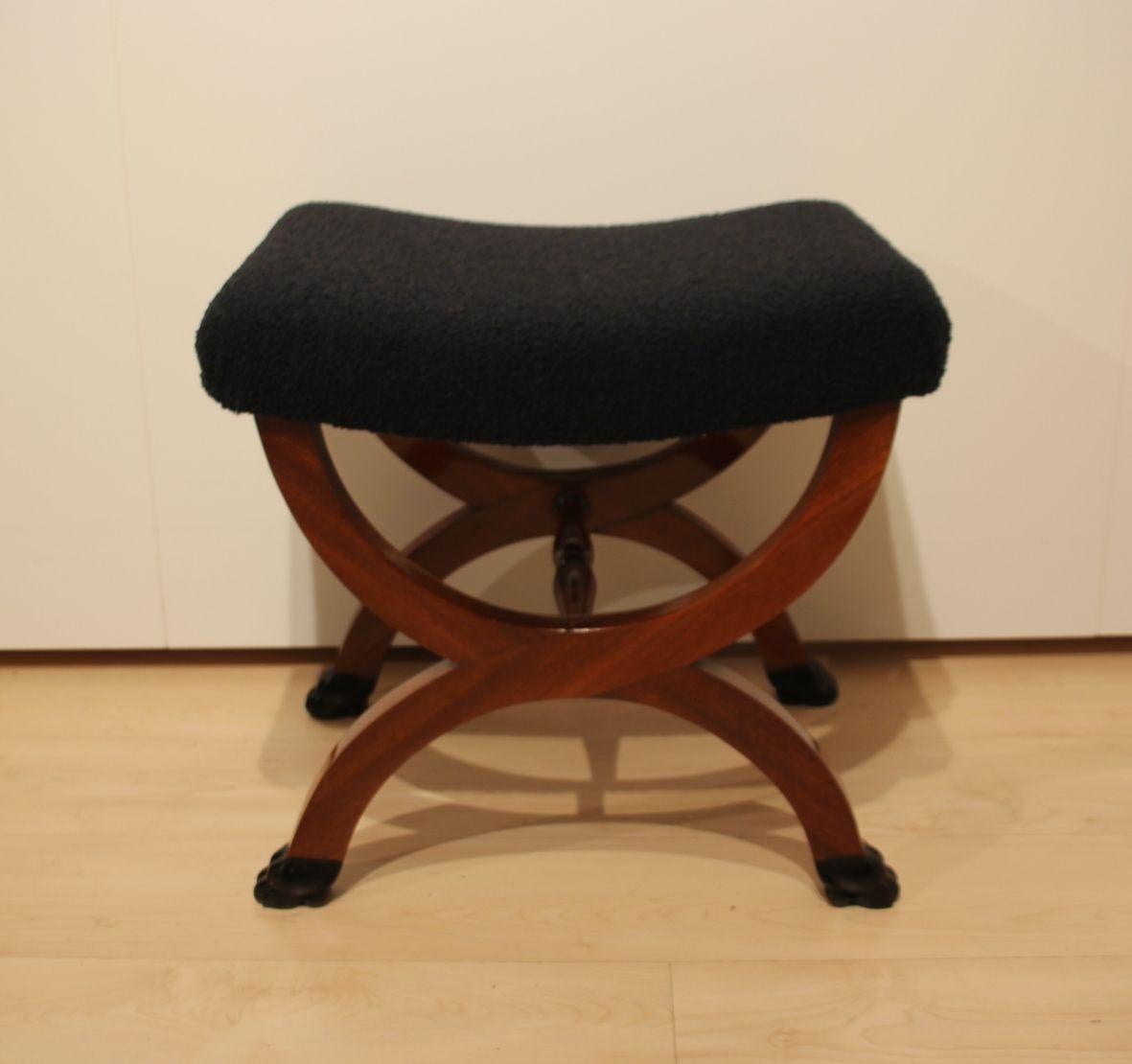 French Antique Stool, Paw Feet, Solid Mahogany, Black Boucle, France circa 1860