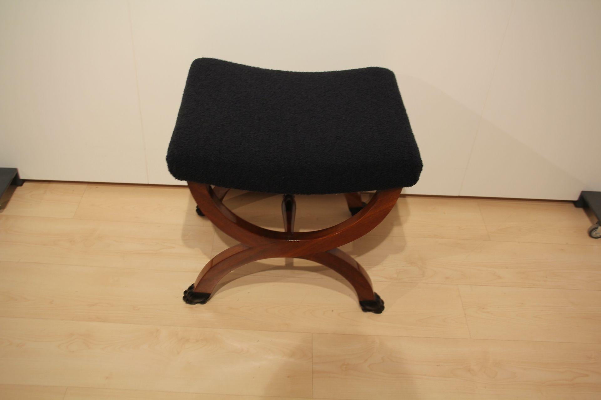 Ebonized Antique Stool, Paw Feet, Solid Mahogany, Black Boucle, France circa 1860