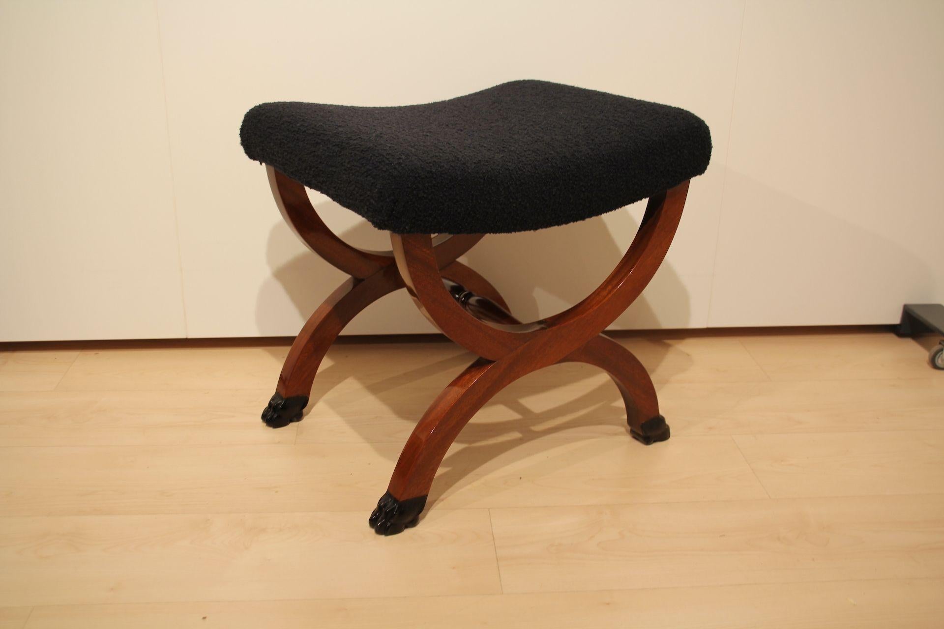 Antique Stool, Paw Feet, Solid Mahogany, Black Boucle, France circa 1860 In Good Condition In Regensburg, DE
