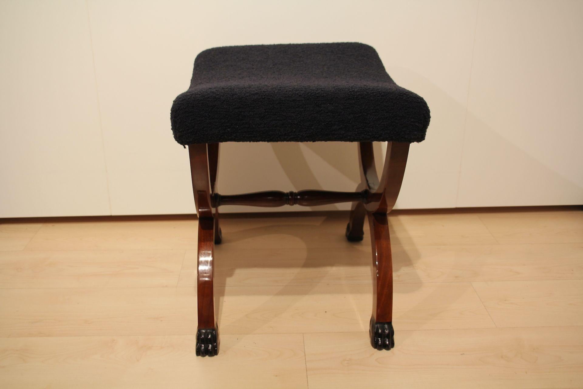 Mid-19th Century Antique Stool, Paw Feet, Solid Mahogany, Black Boucle, France circa 1860