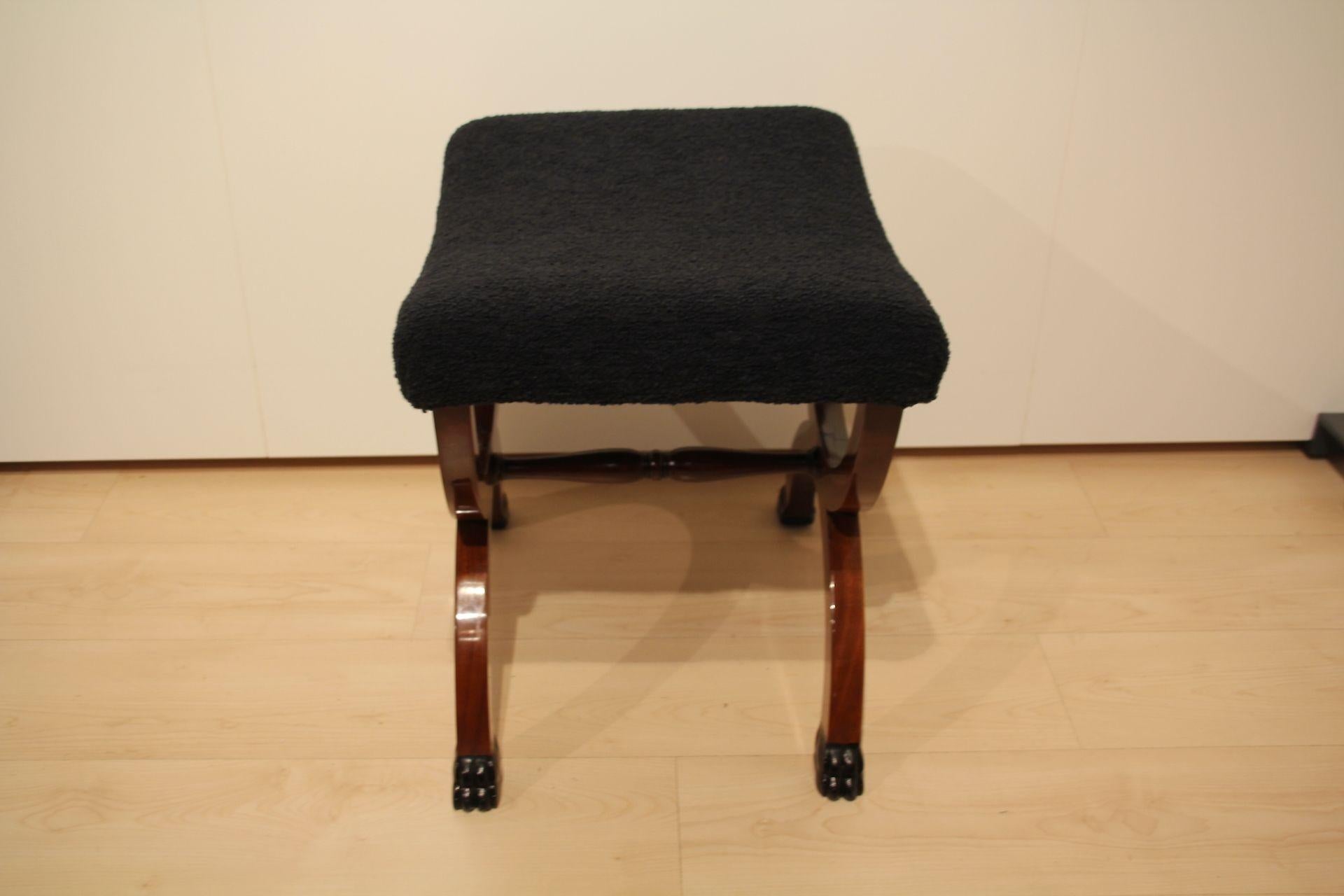 Fabric Antique Stool, Paw Feet, Solid Mahogany, Black Boucle, France circa 1860