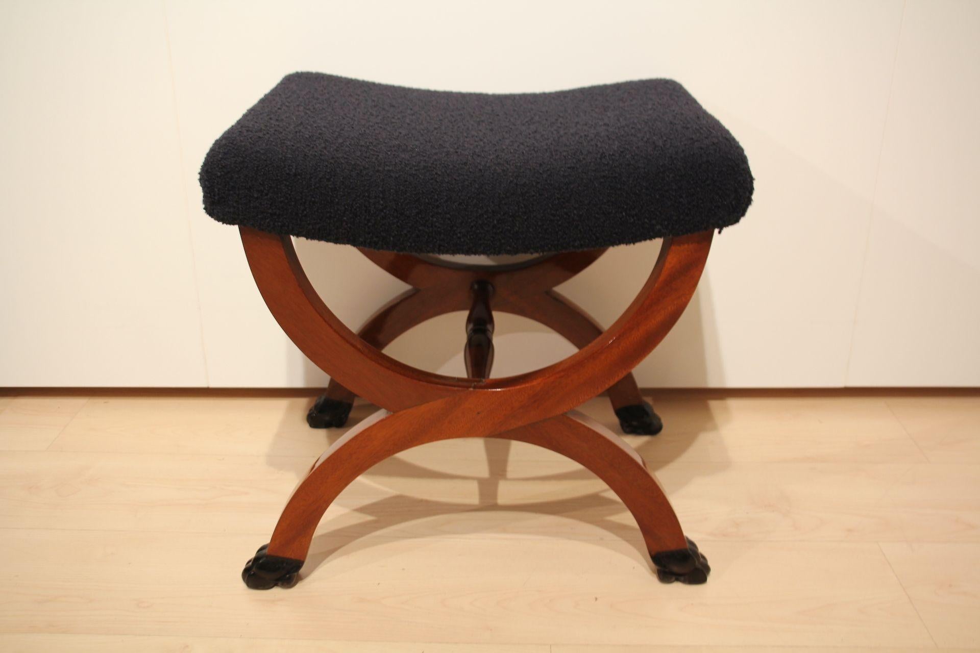 Antique Stool, Paw Feet, Solid Mahogany, Black Boucle, France circa 1860 1