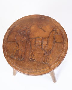 Antique Stool With Carvings Of Farmer With Alpaca From 1940s