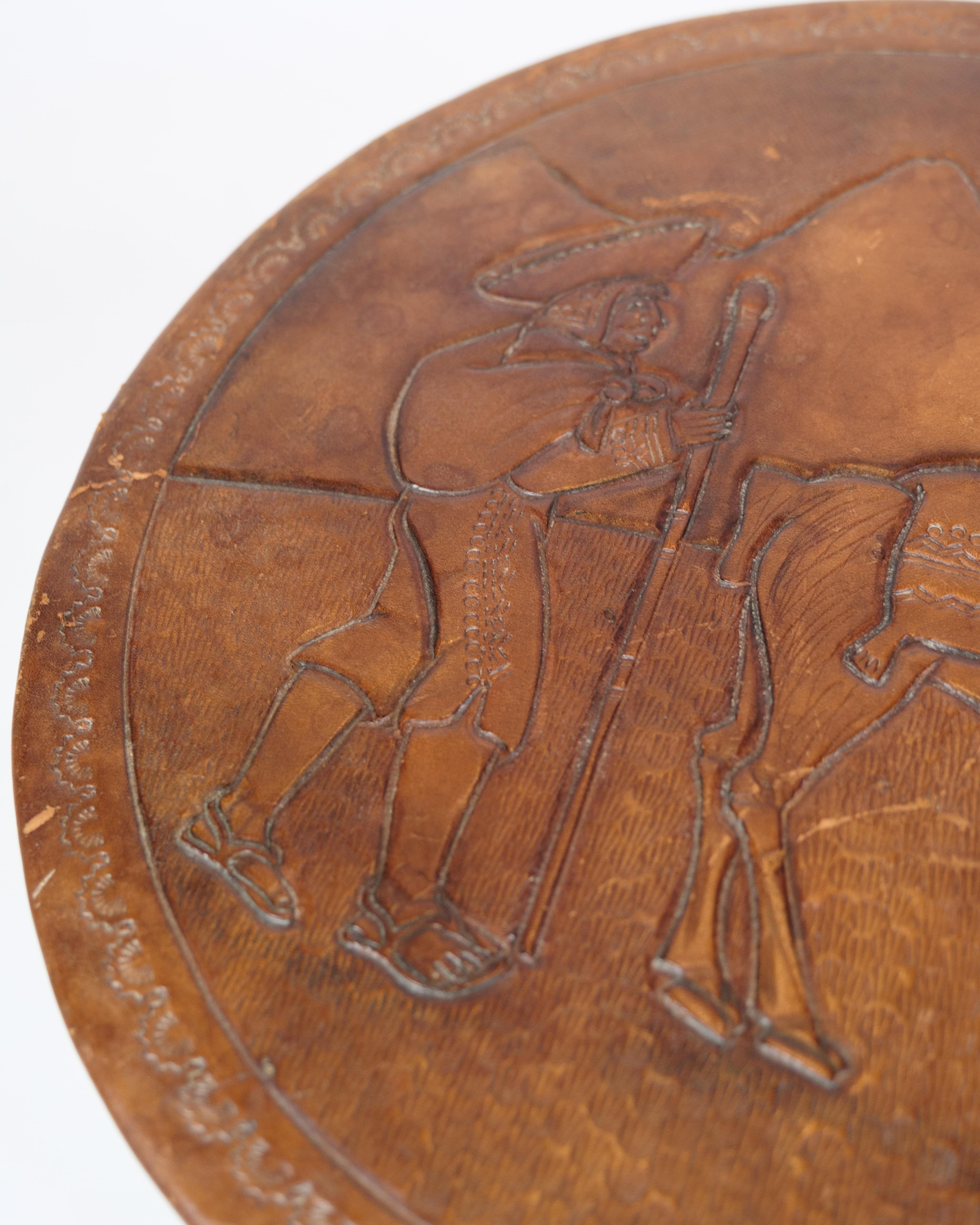 Danish Antique Stool With Carvings Of Farmer With Alpaca From 1940s For Sale