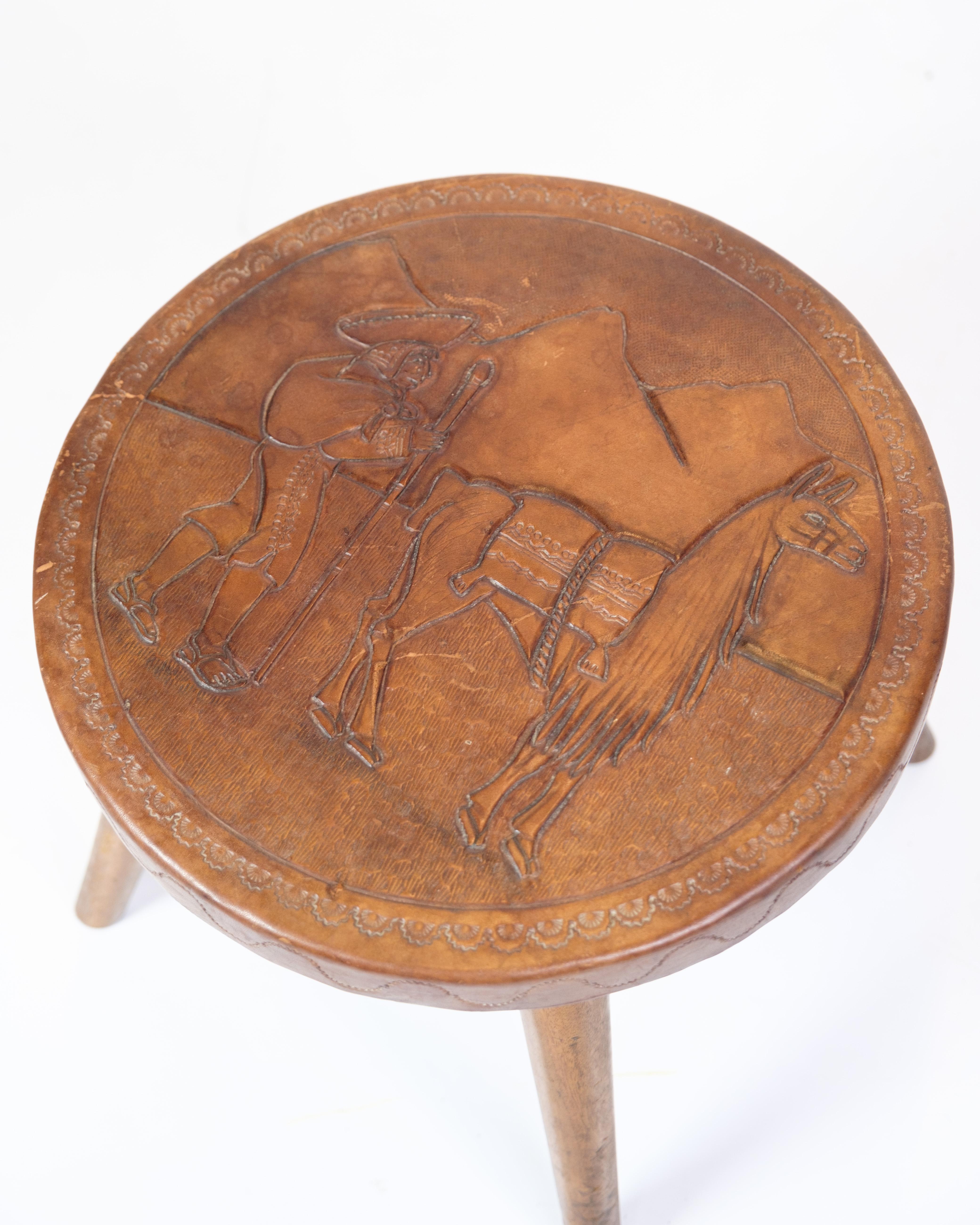 Wood Antique Stool With Carvings Of Farmer With Alpaca From 1940s For Sale