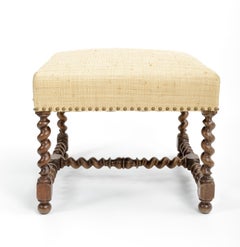 Antique Barley Twist Stool with Cream Linen Upholstery, Europe, 19th Century