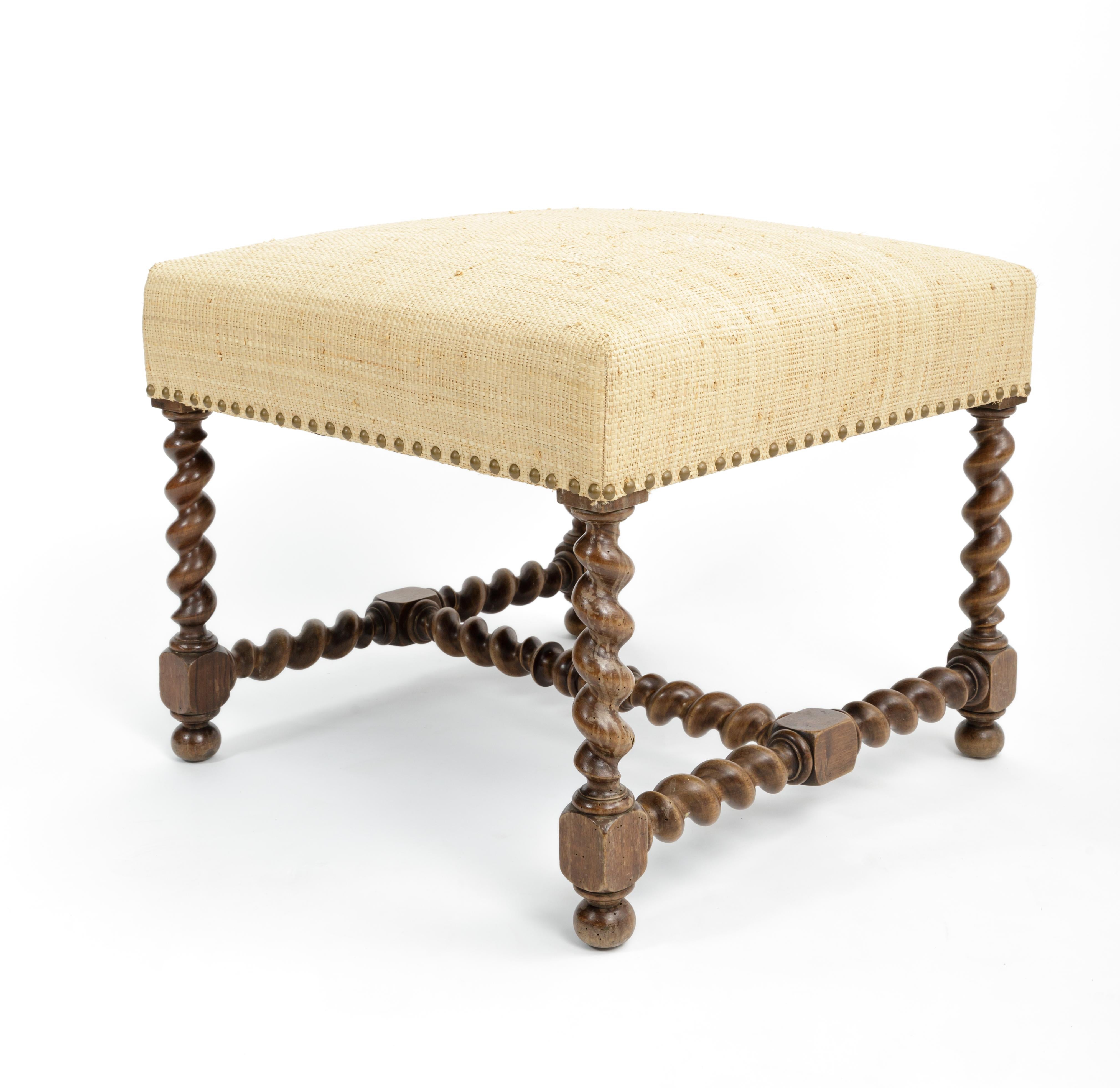 European Antique Barley Twist Stool with Cream Linen Upholstery, Europe, 19th Century For Sale