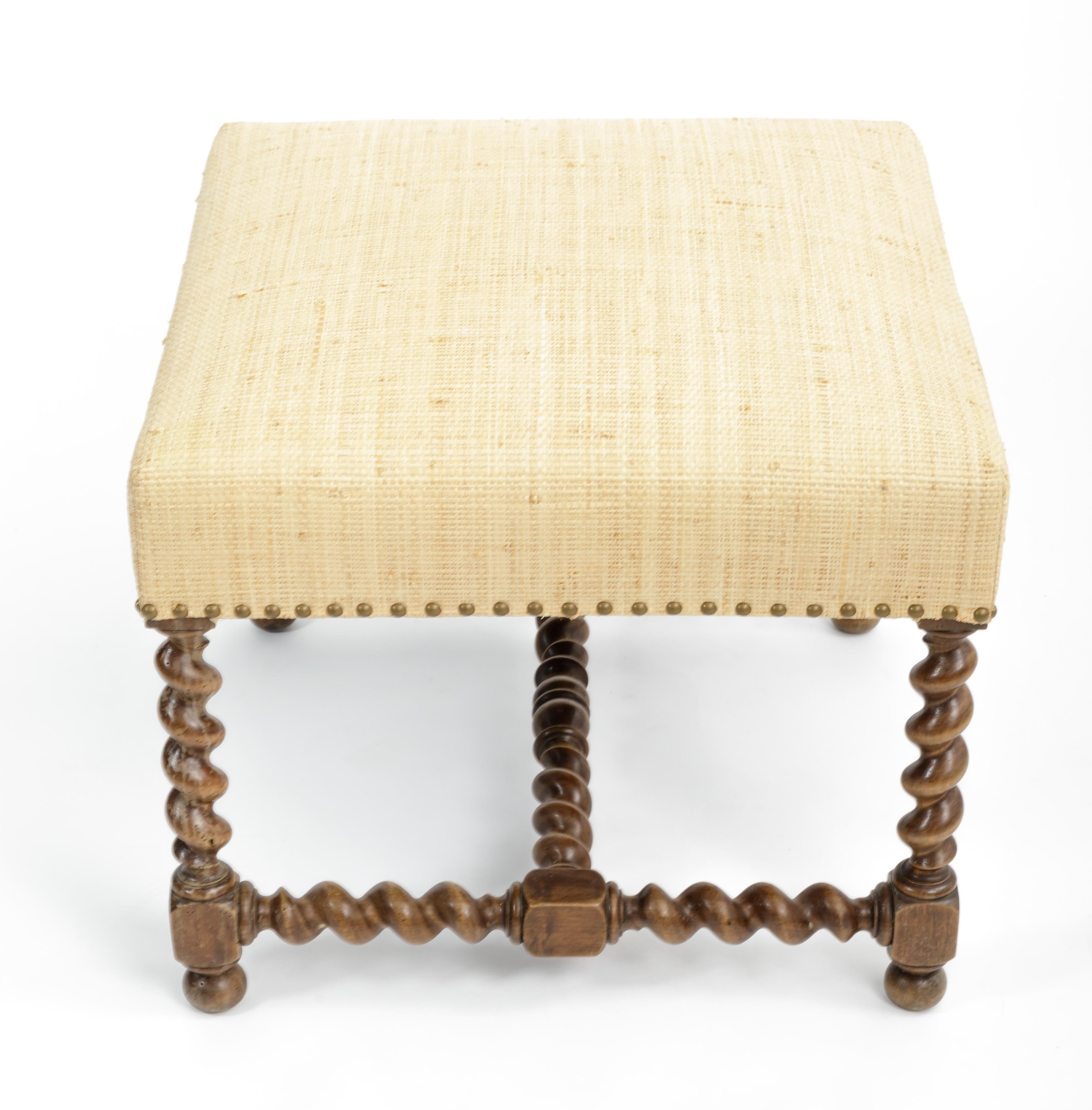 Antique Barley Twist Stool with Cream Linen Upholstery, Europe, 19th Century In Good Condition For Sale In New York City, NY