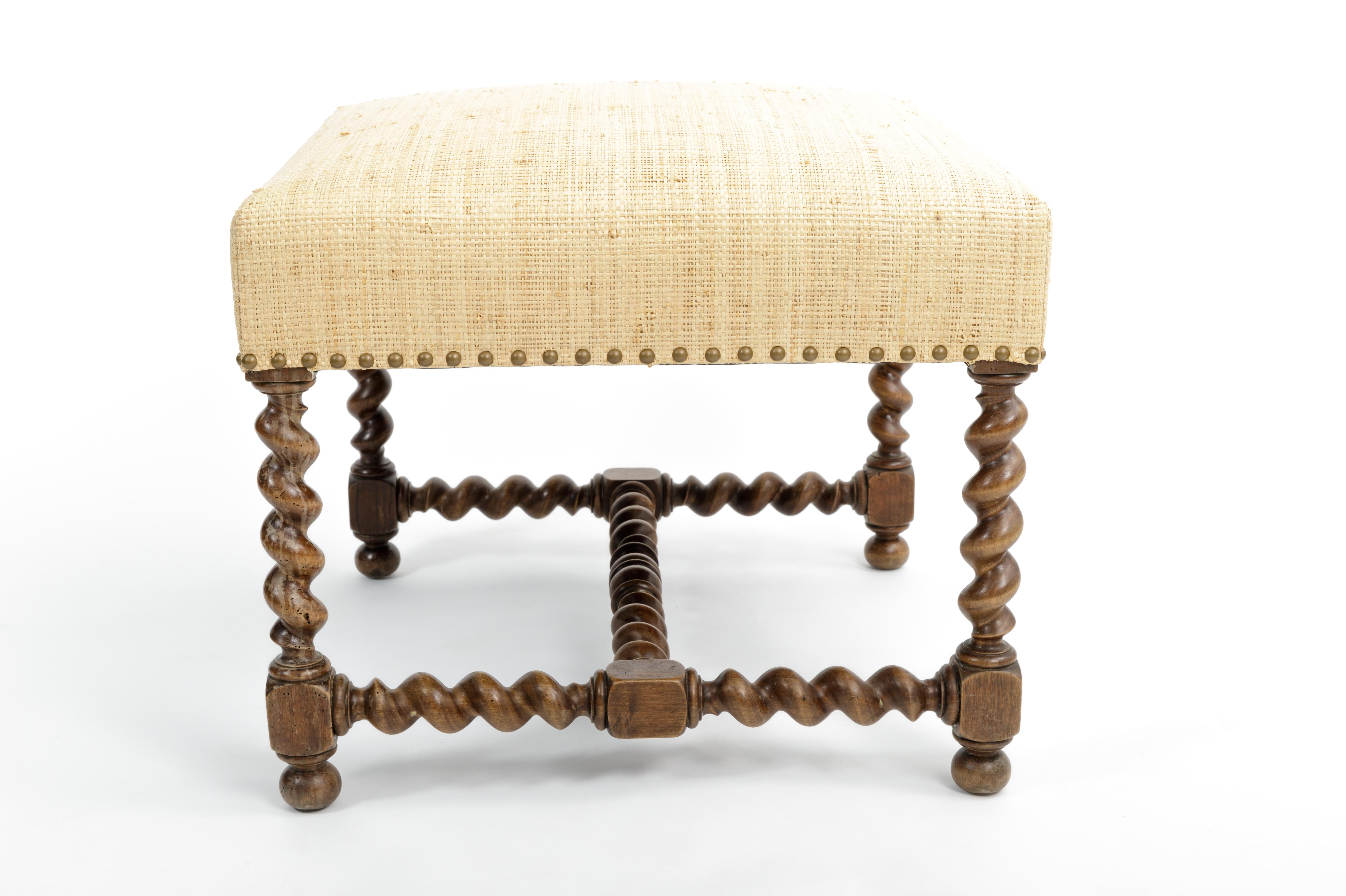 Wood Antique Barley Twist Stool with Cream Linen Upholstery, Europe, 19th Century For Sale