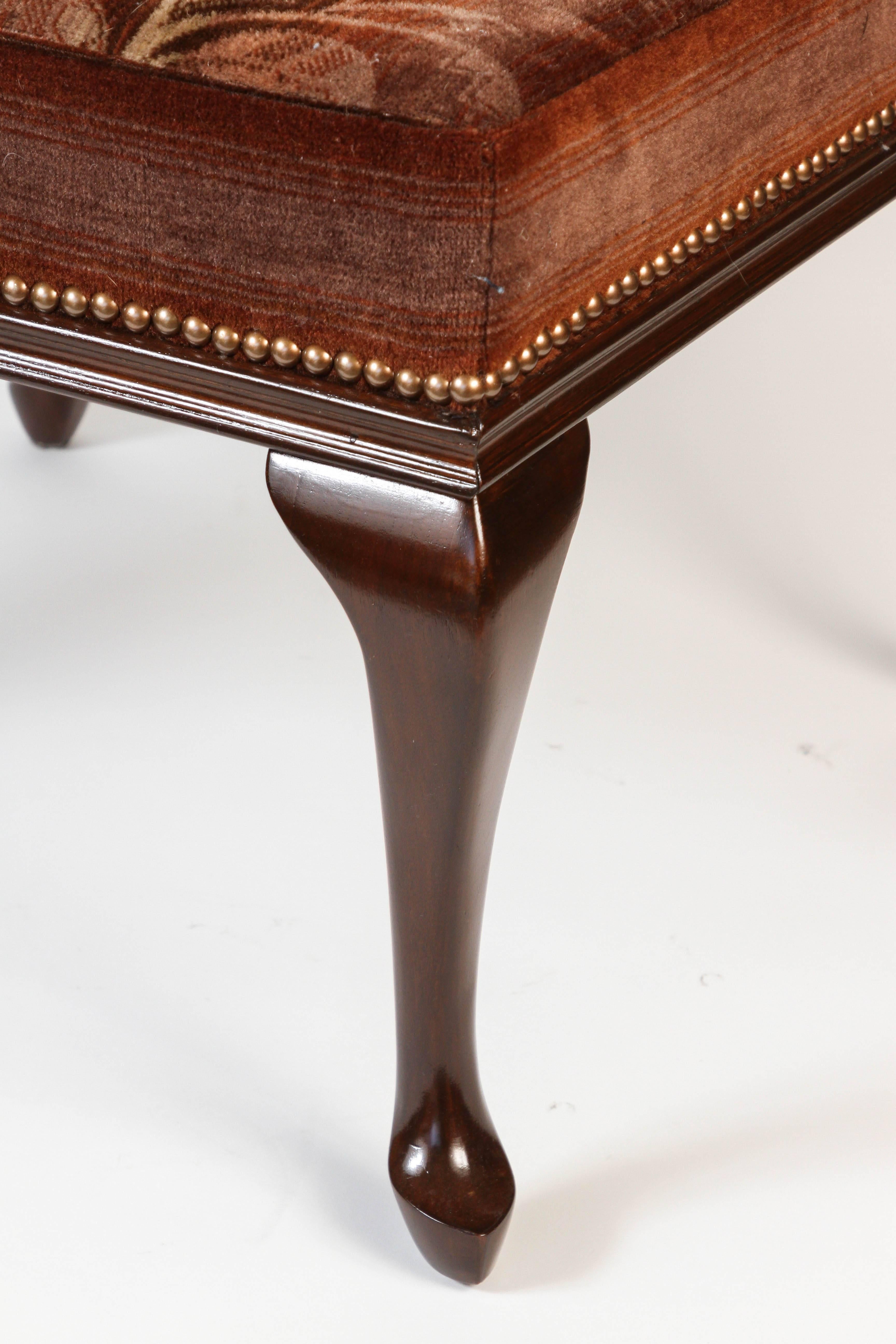 19th Century Antique Stool with Walnut Queen Anne Legs Newly Upholstered in Mohair