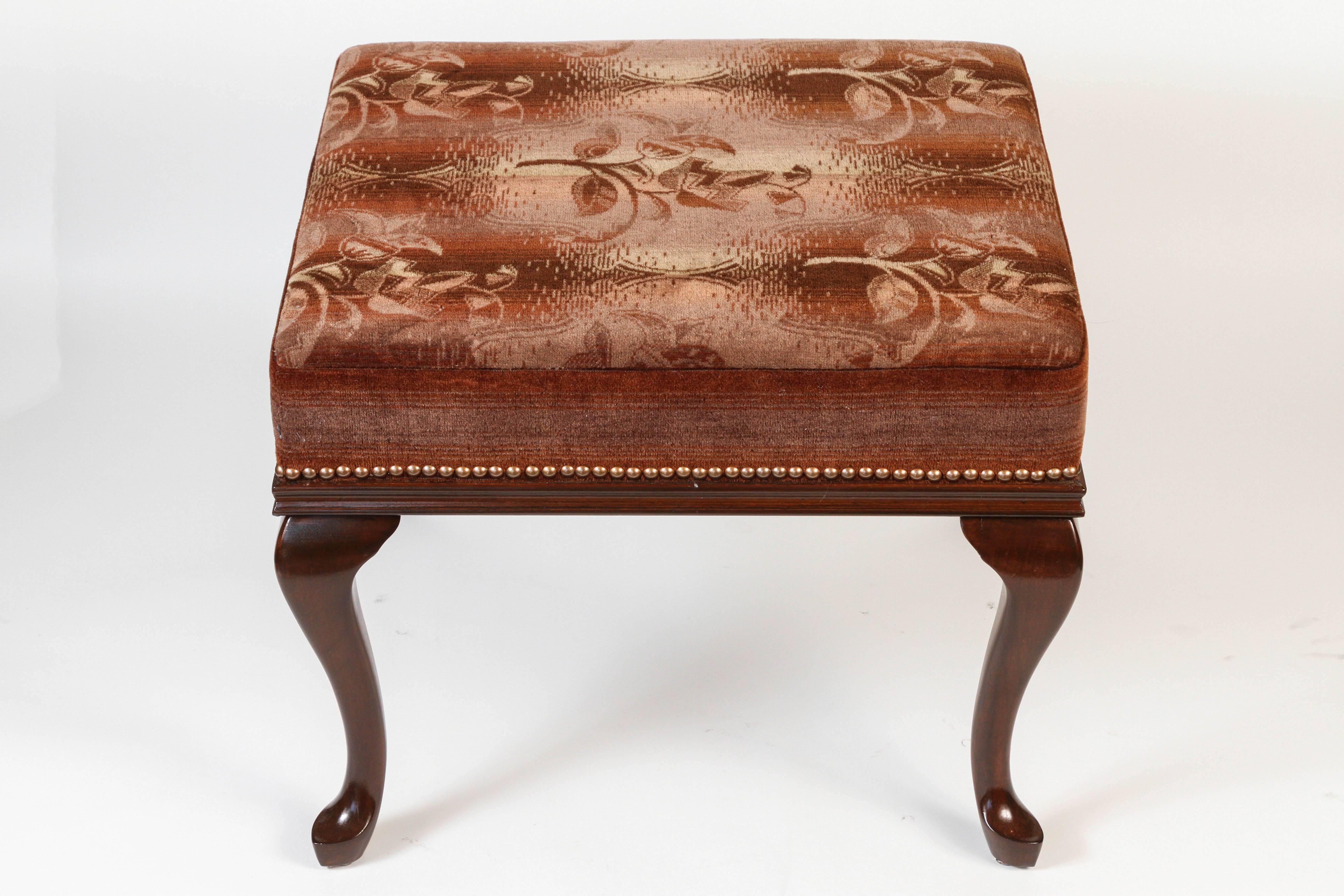 Antique Stool with Walnut Queen Anne Legs Newly Upholstered in Mohair 1