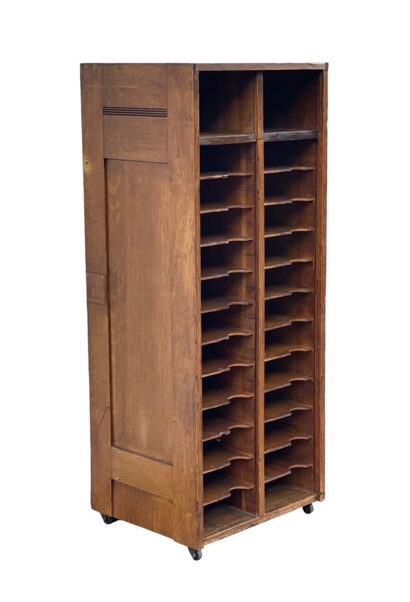 Mid-Century Modern Antique Storage Accessory Cabinet with Casters, Fixed Shelves For Sale