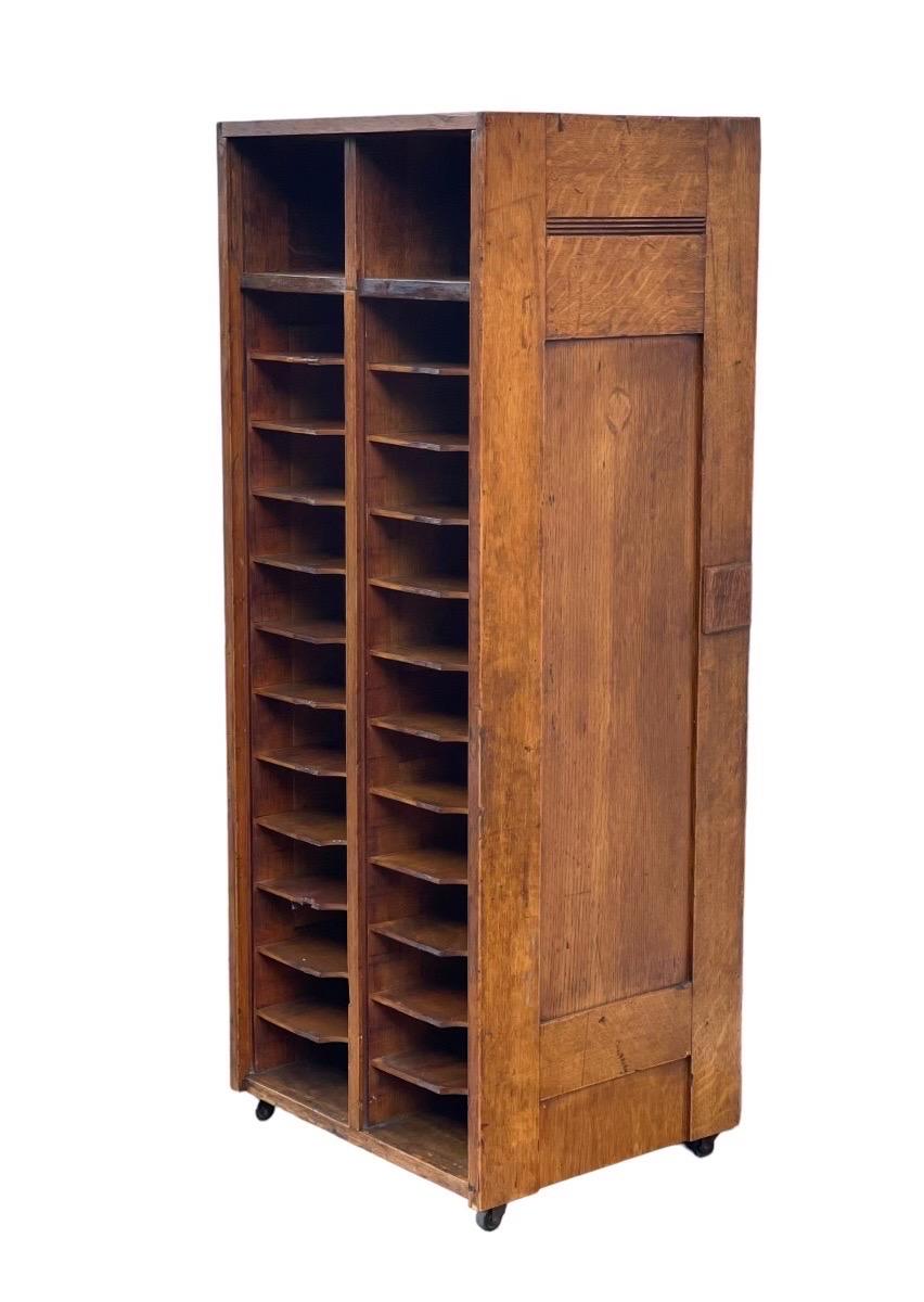 Wood Antique Storage Accessory Cabinet with Casters, Fixed Shelves For Sale