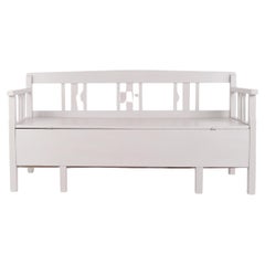 Antique Storage Bench Grey Painted In Pine Wood From 1860s