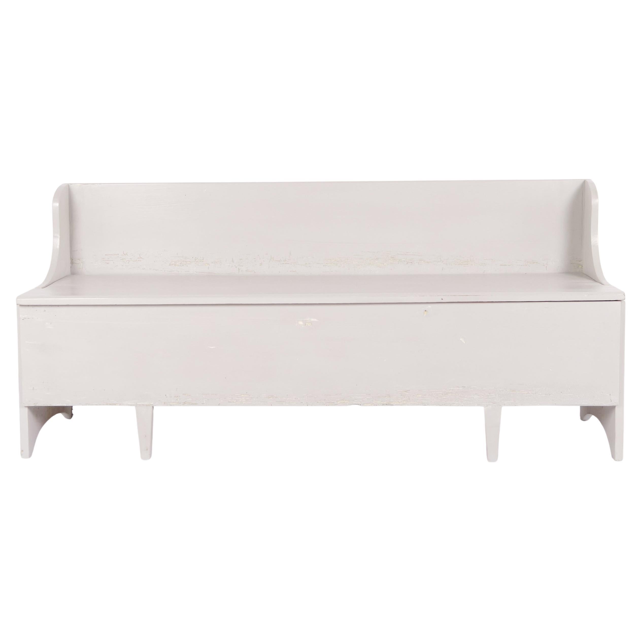 Antique Storage Bench Grey Painted In Pine Wood From 1890s