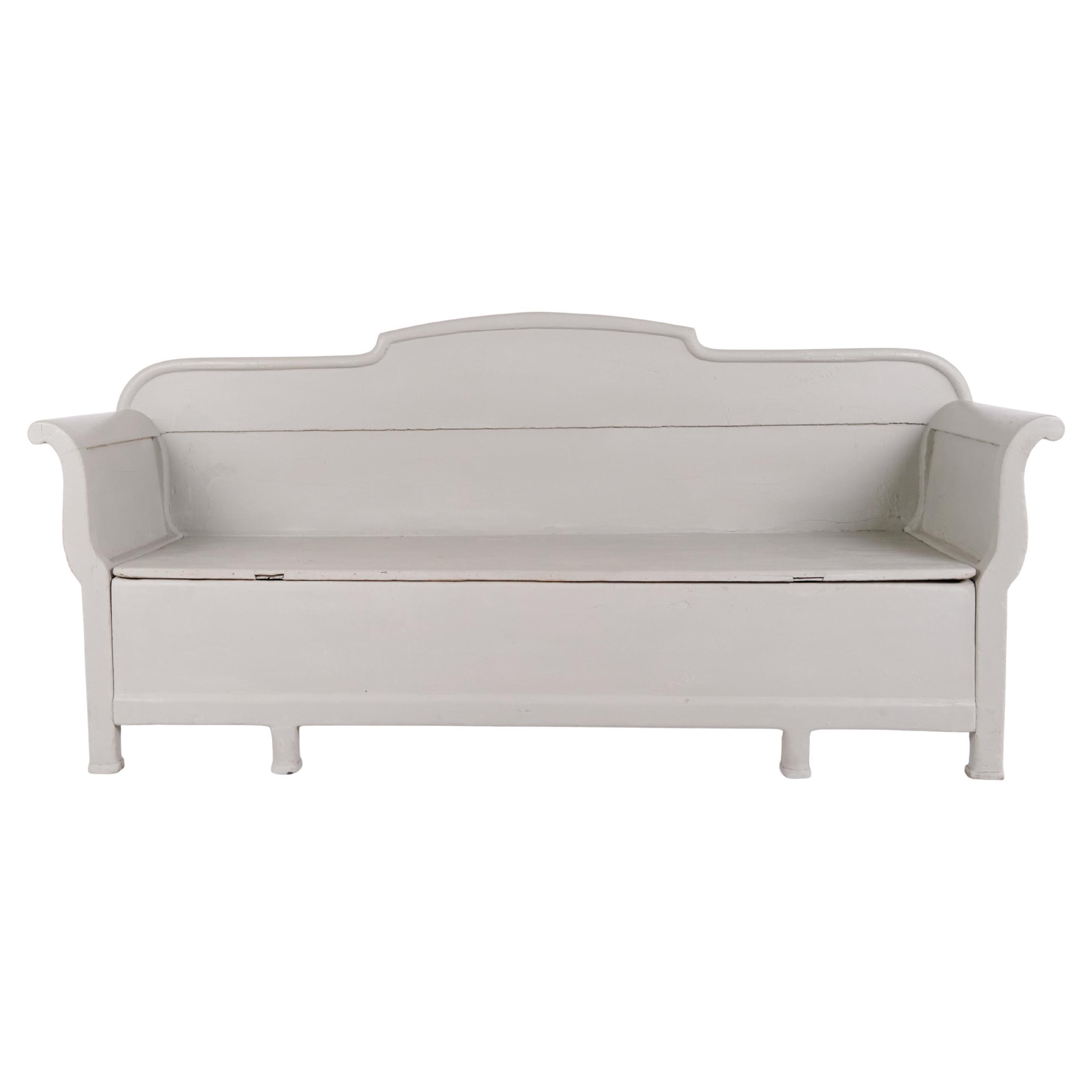 Antique Storage Bench Grey Painted In Pine Wood From 1890s For Sale