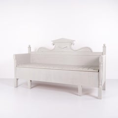 Antique Storage Bench With Carvings Grey Painted In Pine Wood From 1860s