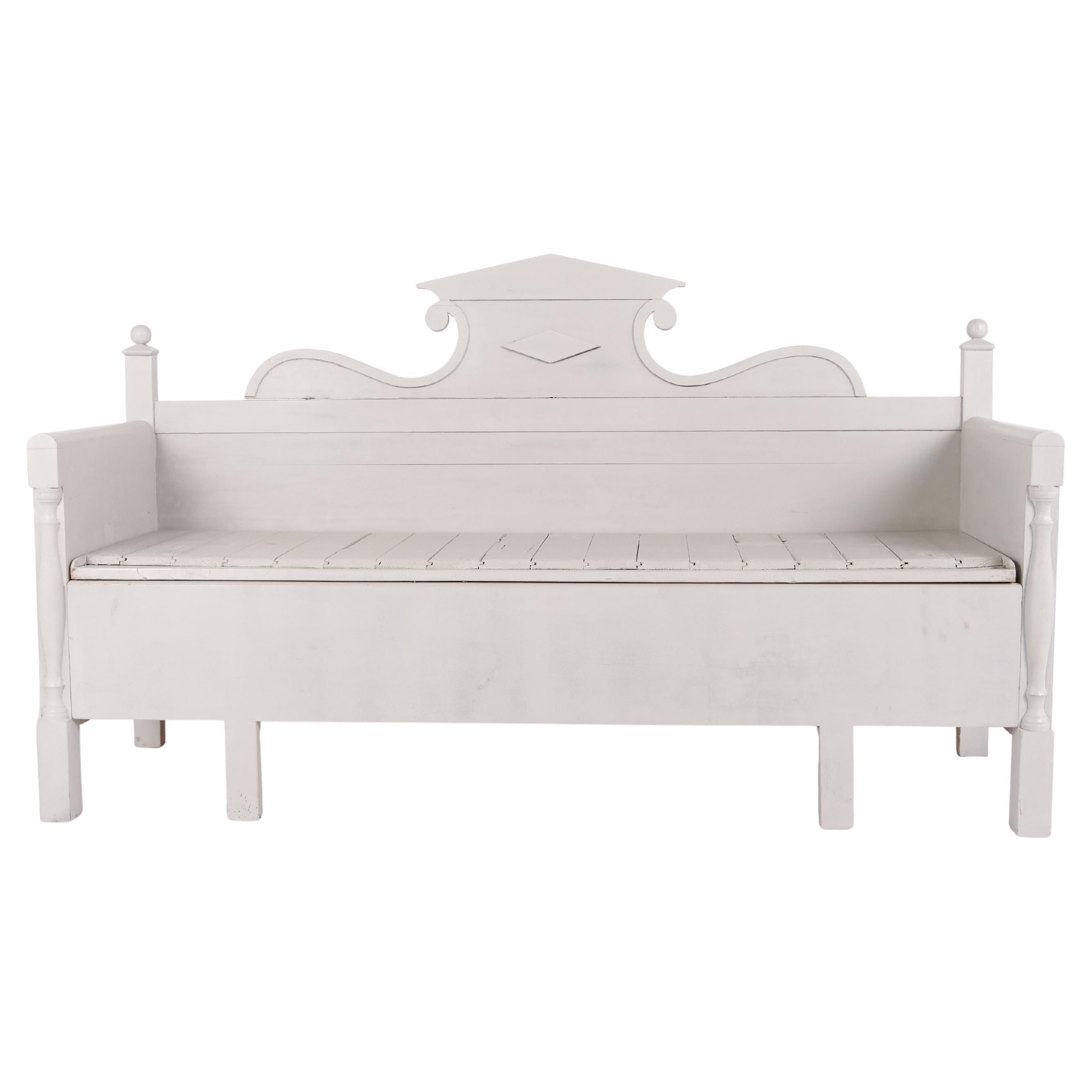 Antique Storage Bench With Carvings Grey Painted In Pine Wood From 1860s