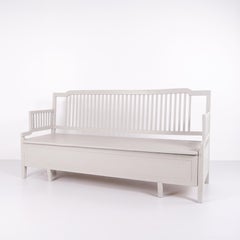 Antique Storage Bench With High Back Grey Painted In Pine Wood From 1860s