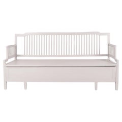 Antique Storage Bench With High Back Grey Painted In Pine Wood From 1860s