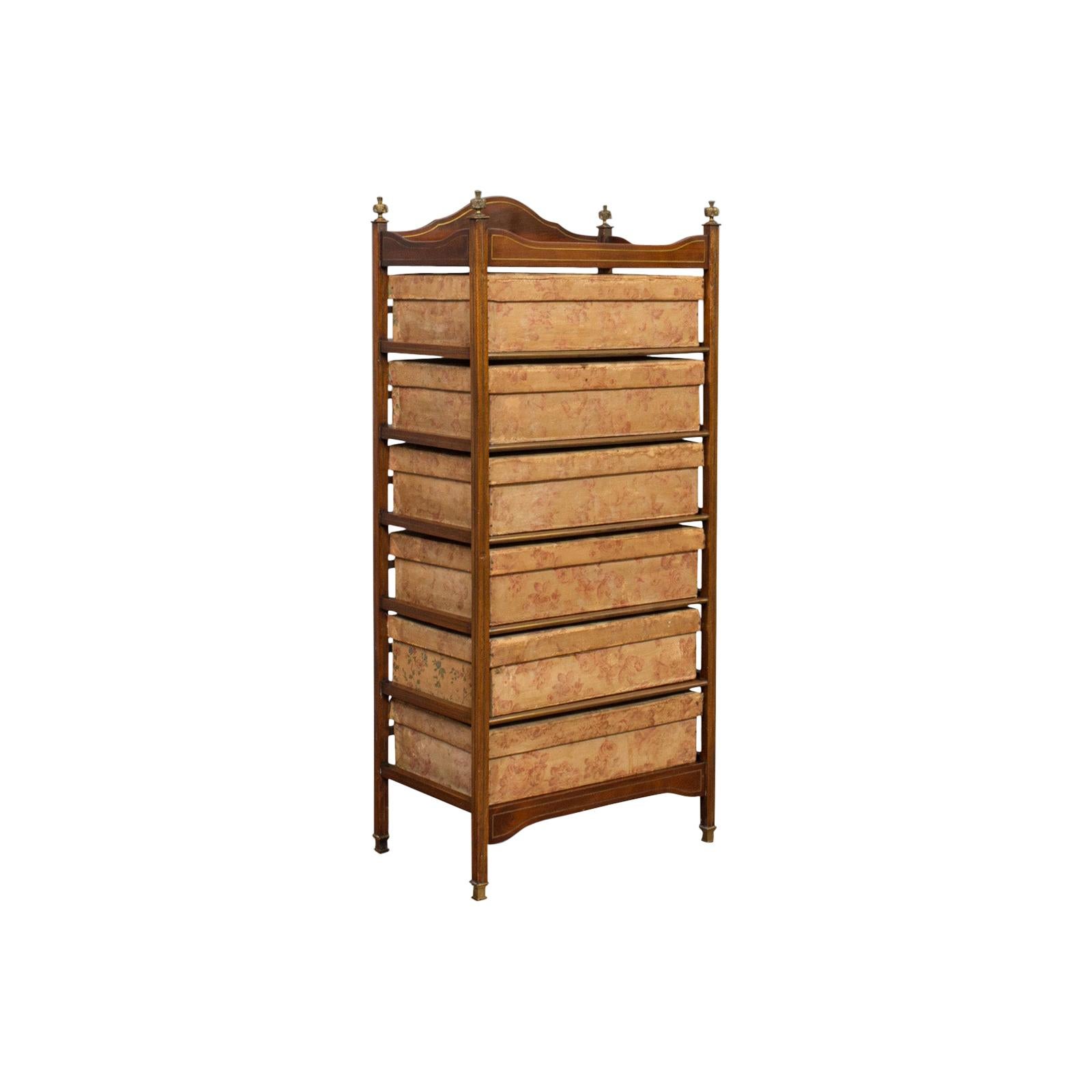 Antique Storage Cabinet, 6 Boxes, English, Edwardian, Mahogany, Brass, Étagère